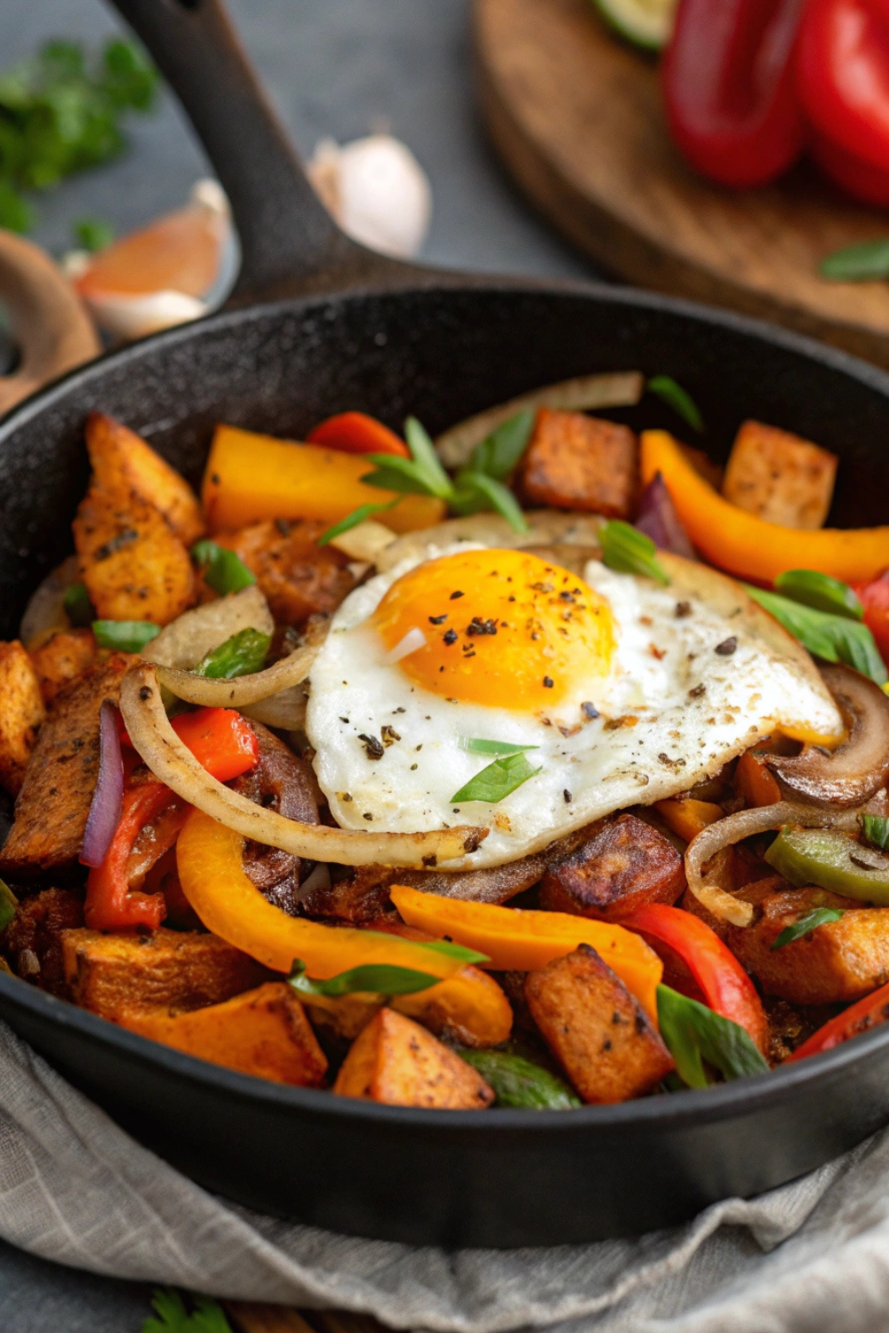A colorful skillet of roasted sweet potatoes, sautéed with onions, bell peppers, and topped with a sunny-side-up egg.