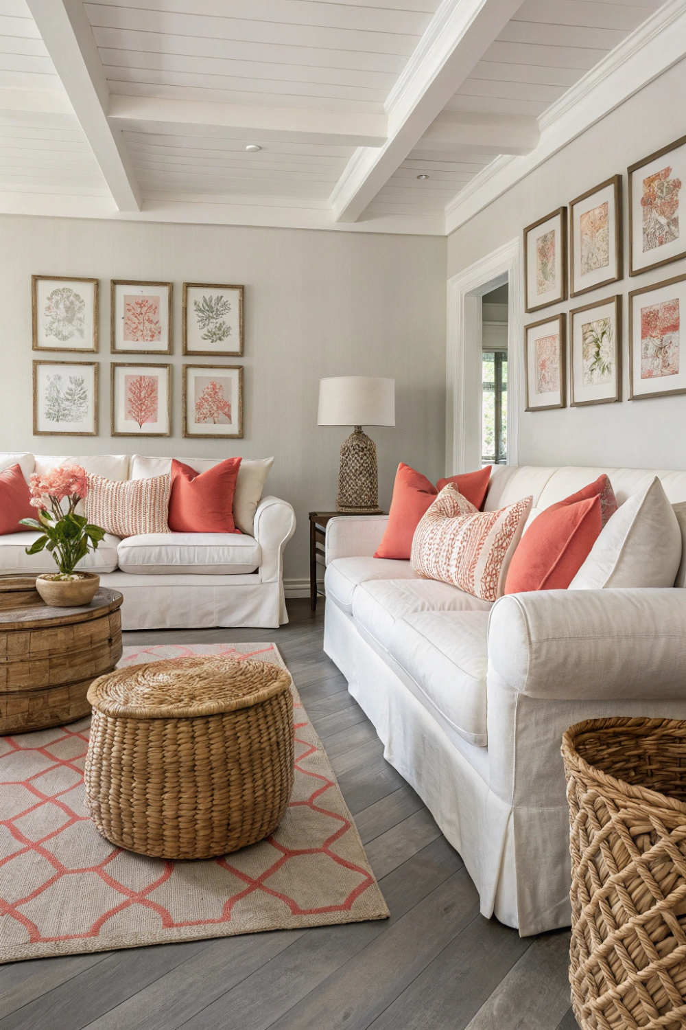 Driftwood gray floors with warm coral accents in cushions and wall art, complemented by white slipcovered sofas and natural woven baskets.