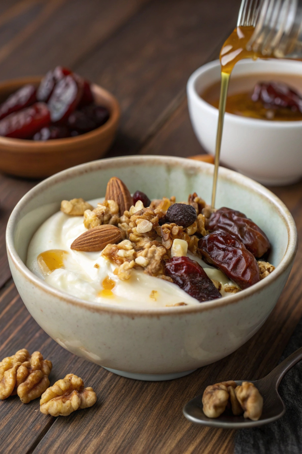 A creamy bowl of thick yogurt topped with chopped dates, crunchy walnuts, and a drizzle of honey.