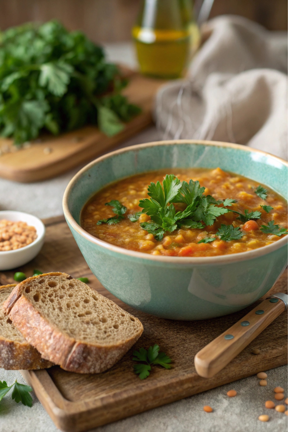 A comforting bowl of warm lentil soup, garnished with fresh parsley, served with crusty whole-grain bread.