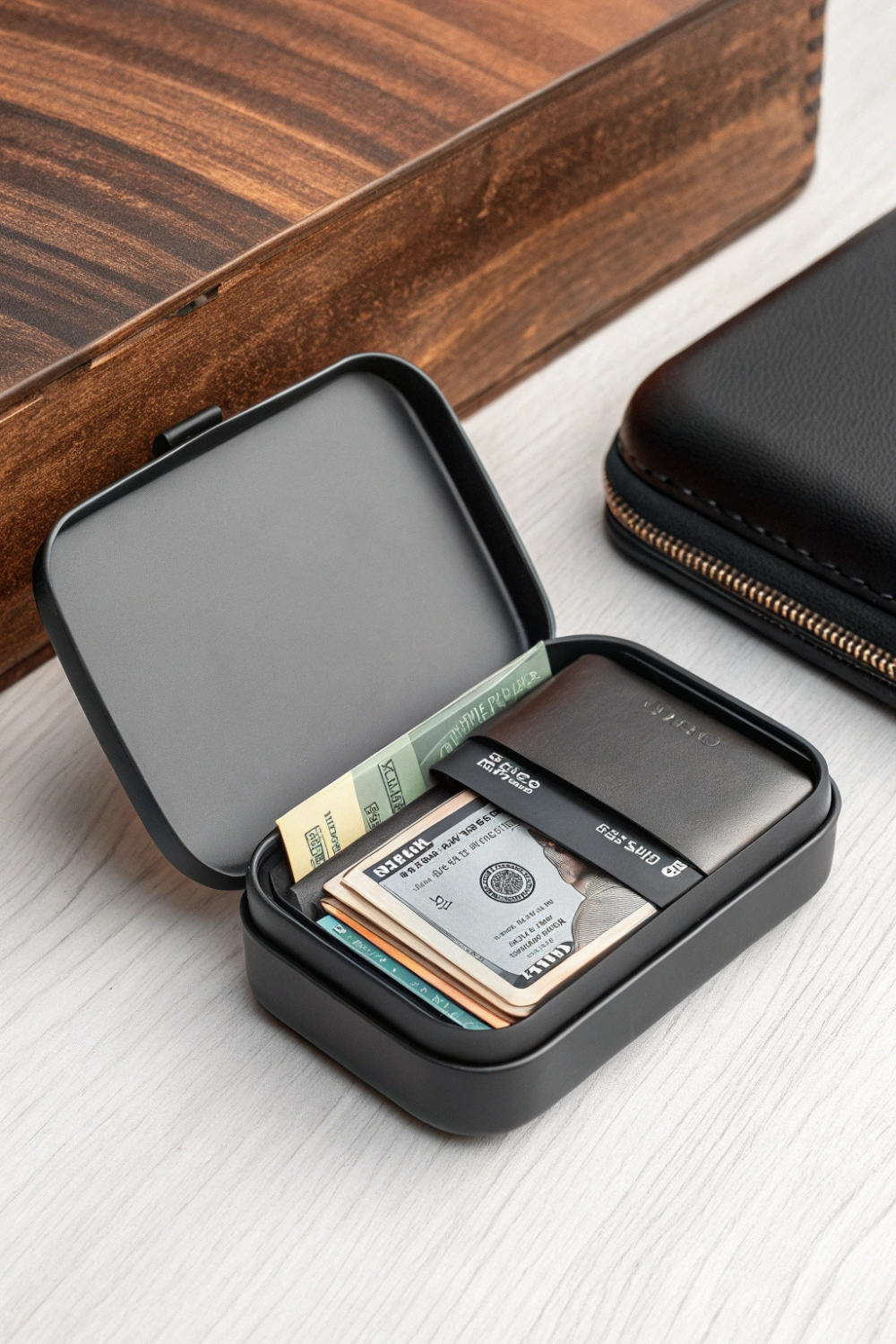 A sleek, matte black tin with just enough space to hold your essential cards and a few bills, sliding smoothly into your pocket.