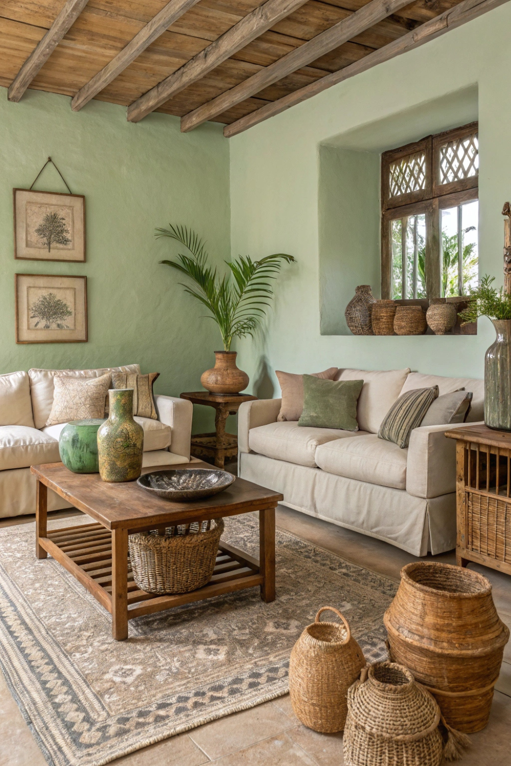 Soft sage green walls, beige linen sofas, and rustic wooden coffee tables. Add woven baskets and ceramic vases for an earthy, grounded feel.