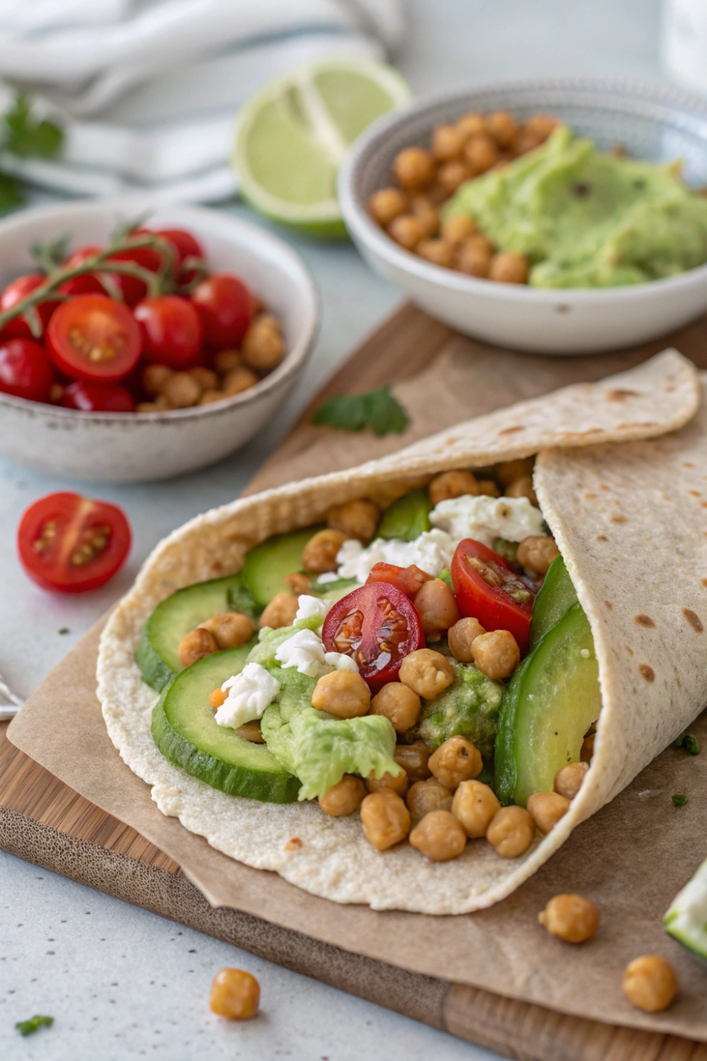 Creamy mashed avocado mixed with protein-rich chickpeas, fresh cherry tomatoes, crisp cucumbers, and a sprinkle of feta, all wrapped in a soft whole-grain tortilla.