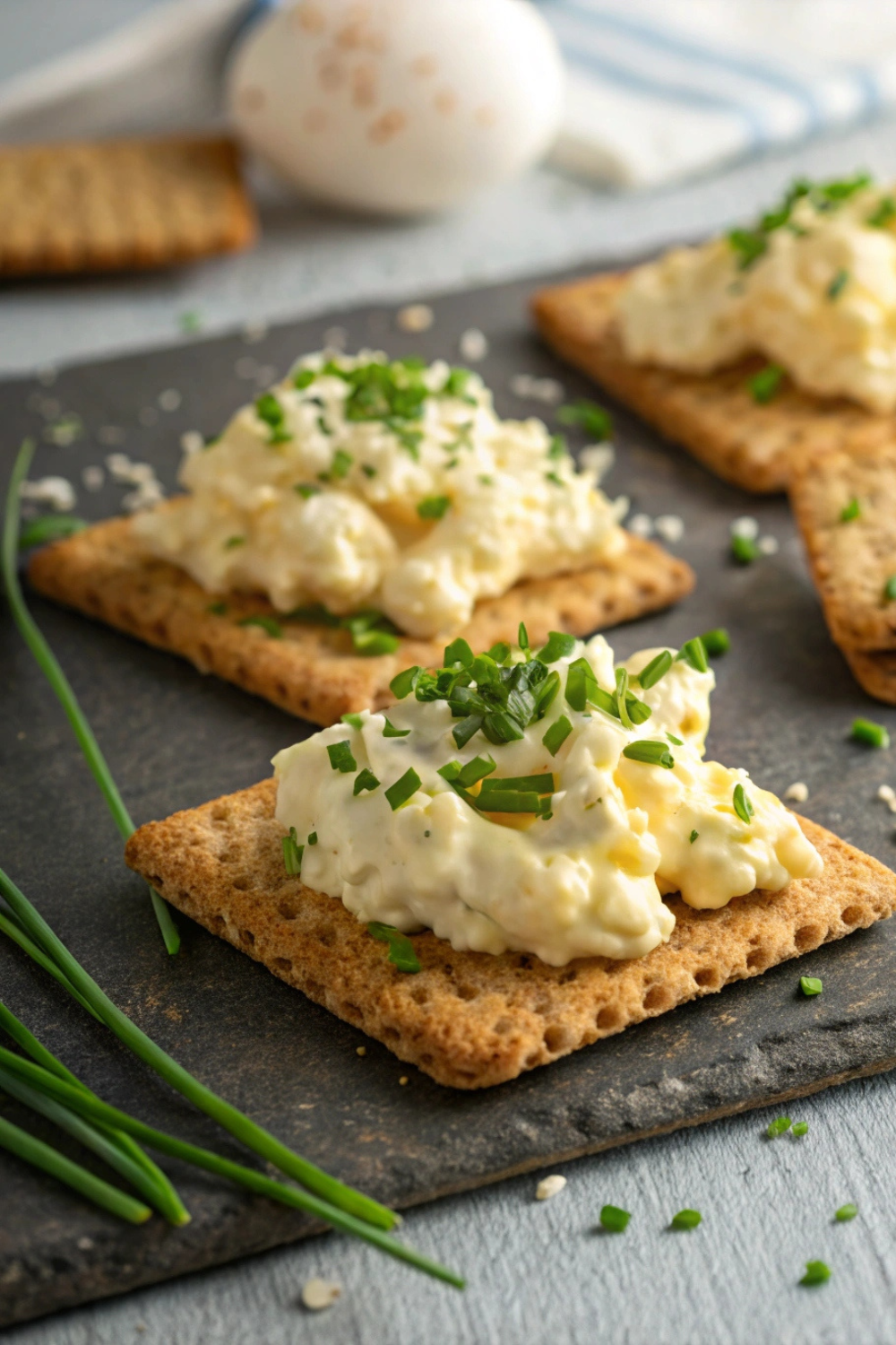 Crunchy whole-grain crackers topped with creamy egg salad and a sprinkle of chives.