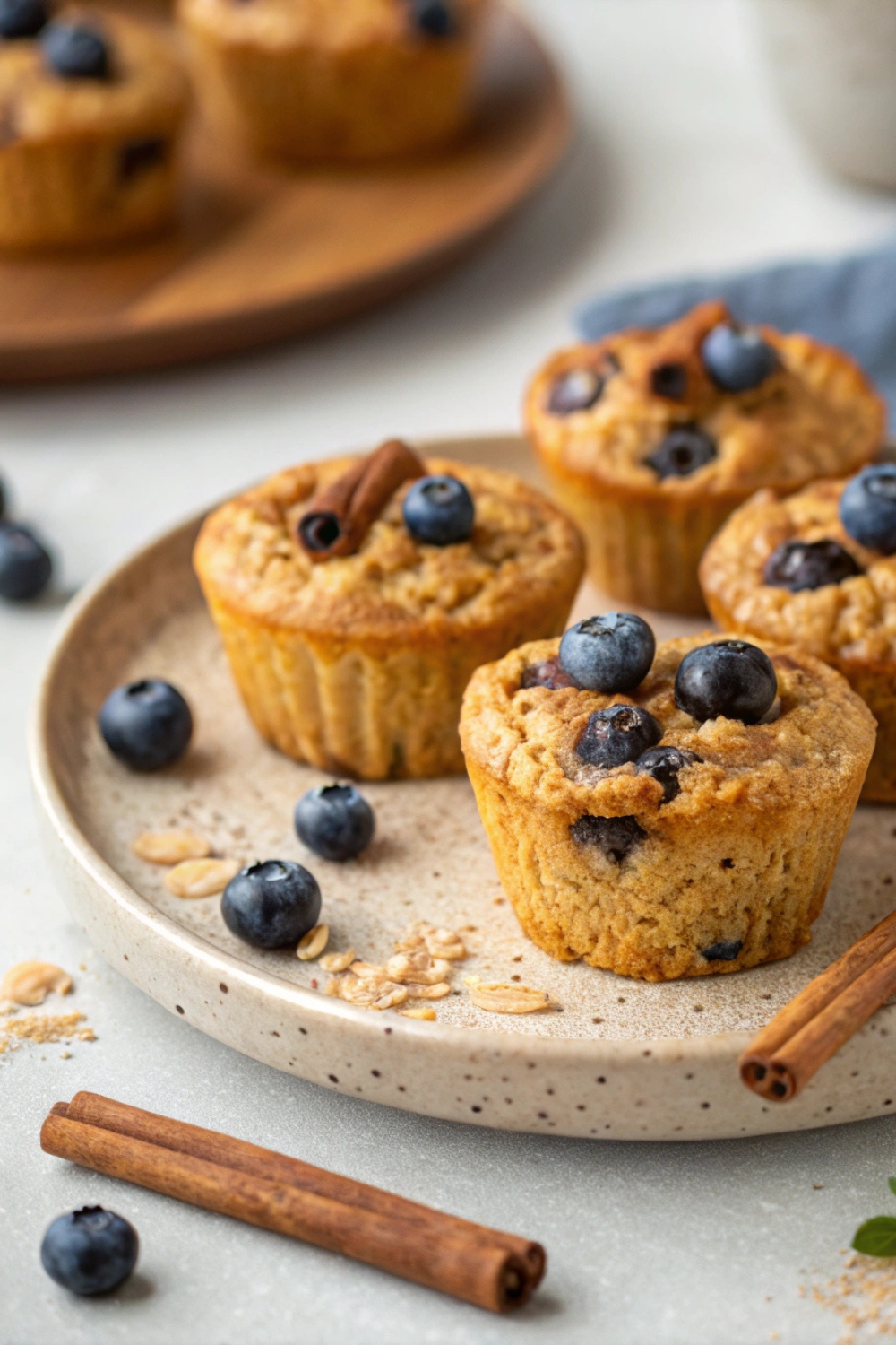 Golden, muffin-shaped baked oatmeal cups dotted with blueberries and a hint of cinnamon aroma.