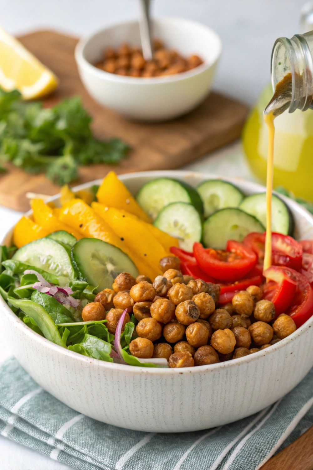 A vibrant salad bowl filled with crispy roasted chickpeas, colorful bell peppers, cucumbers, and a tangy lemon vinaigrette.