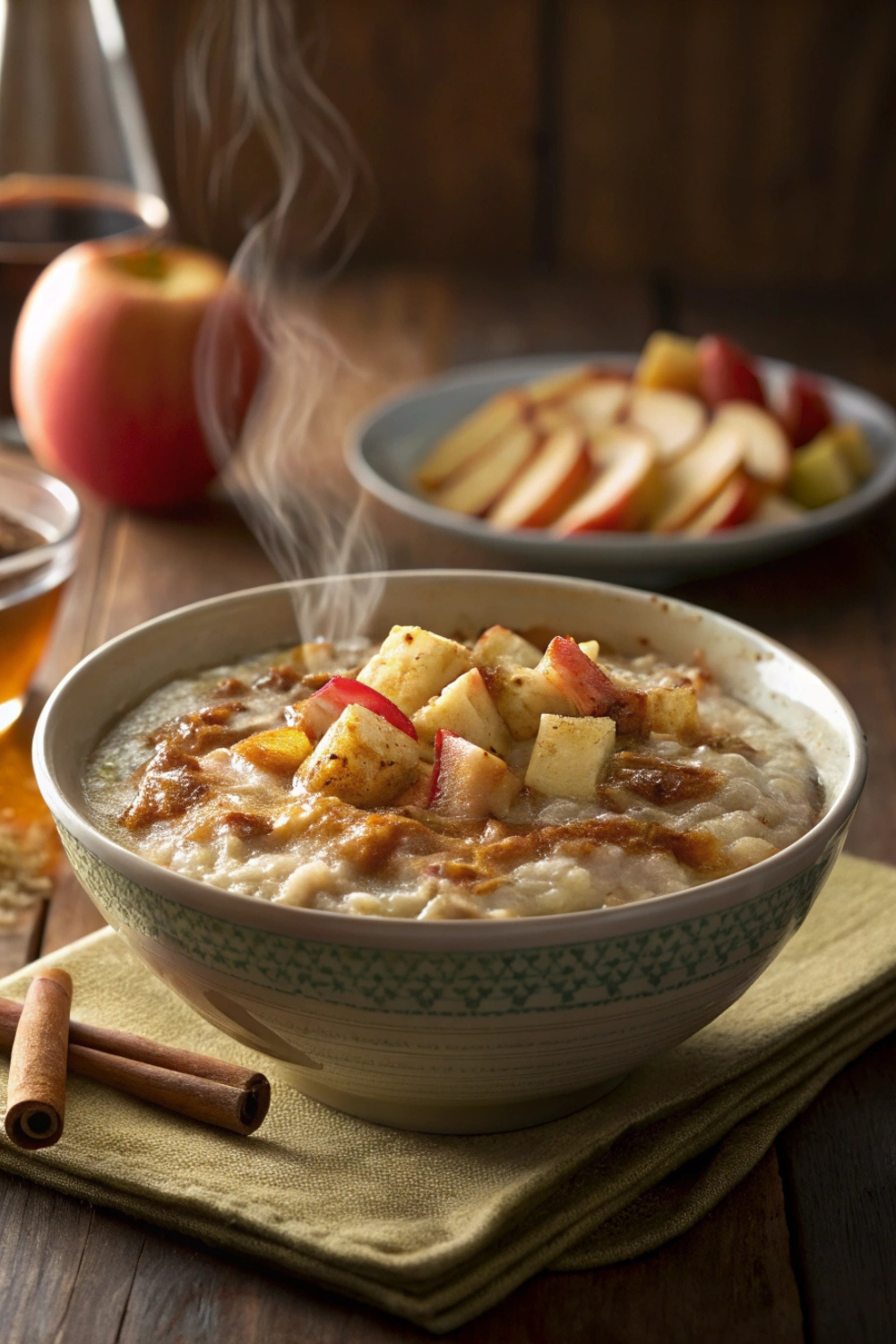 A cozy bowl of creamy oatmeal with tender apple chunks, a sprinkle of cinnamon, and a drizzle of maple syrup.