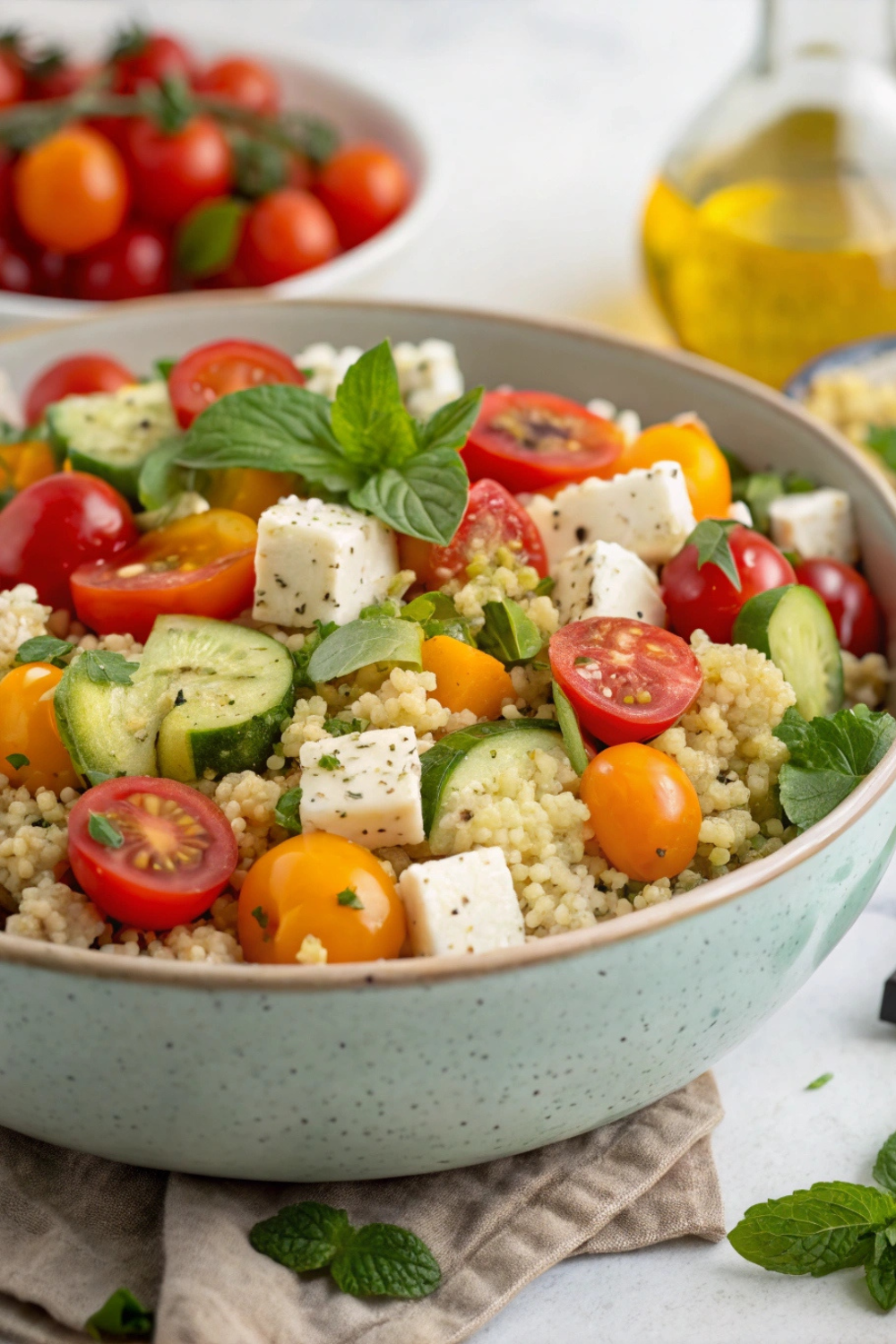 A colorful quinoa salad with bright cherry tomatoes, cucumber cubes, crumbled feta, and fresh herbs.