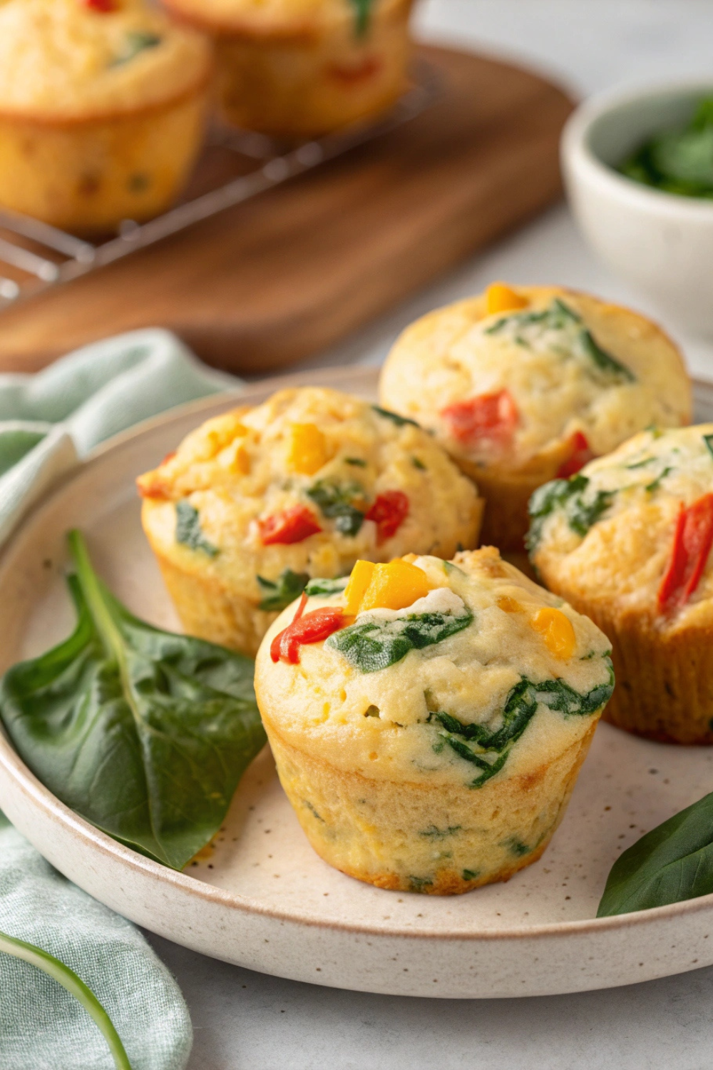Golden, fluffy muffins with bits of spinach, cheese, and bell peppers peeking through.