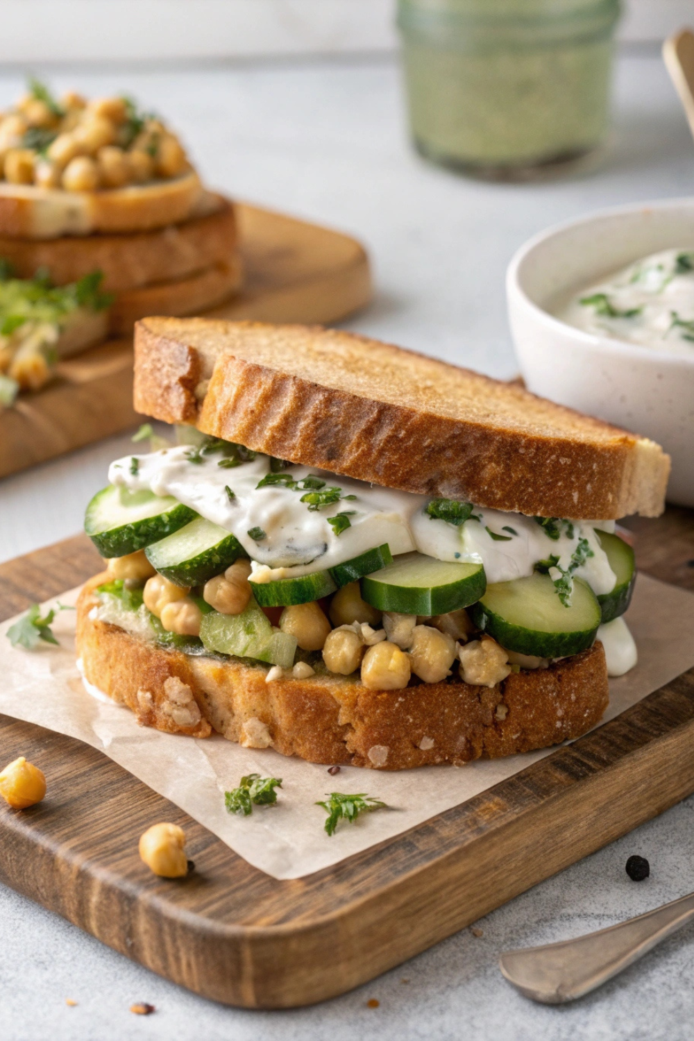 A hearty sandwich filled with mashed chickpeas, crunchy cucumbers, and a creamy yogurt dressing.