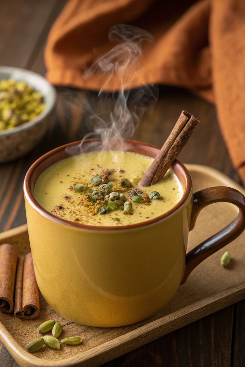 A warm, golden cup of frothy turmeric milk, topped with a sprinkle of crushed pistachios and a cinnamon stick.