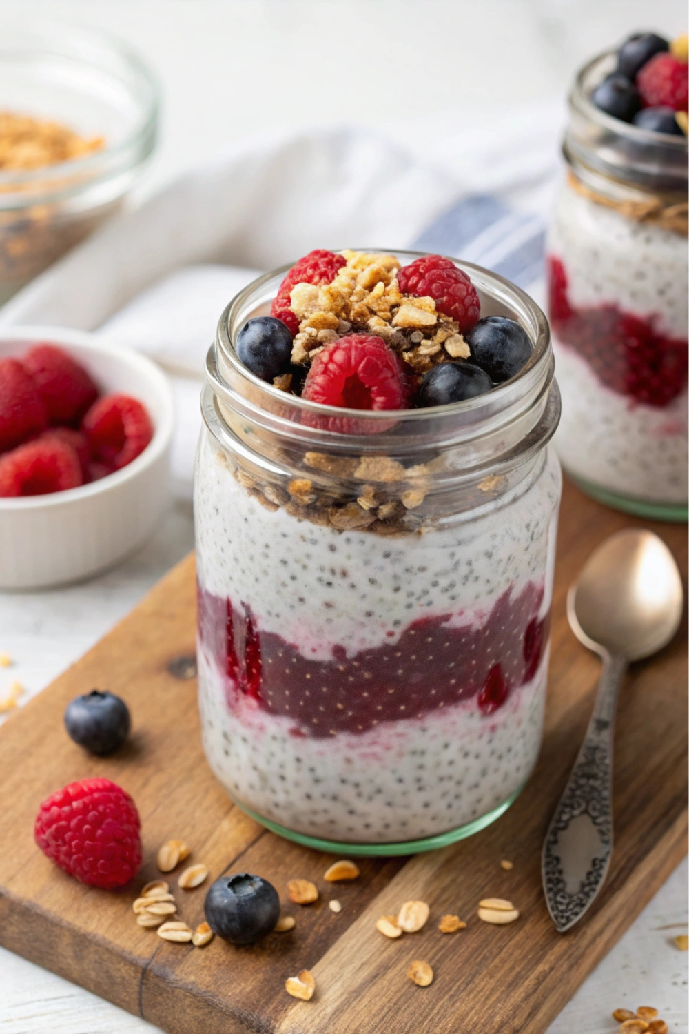 A mason jar filled with creamy chia pudding, layered with juicy mixed berries and a sprinkle of granola on top.