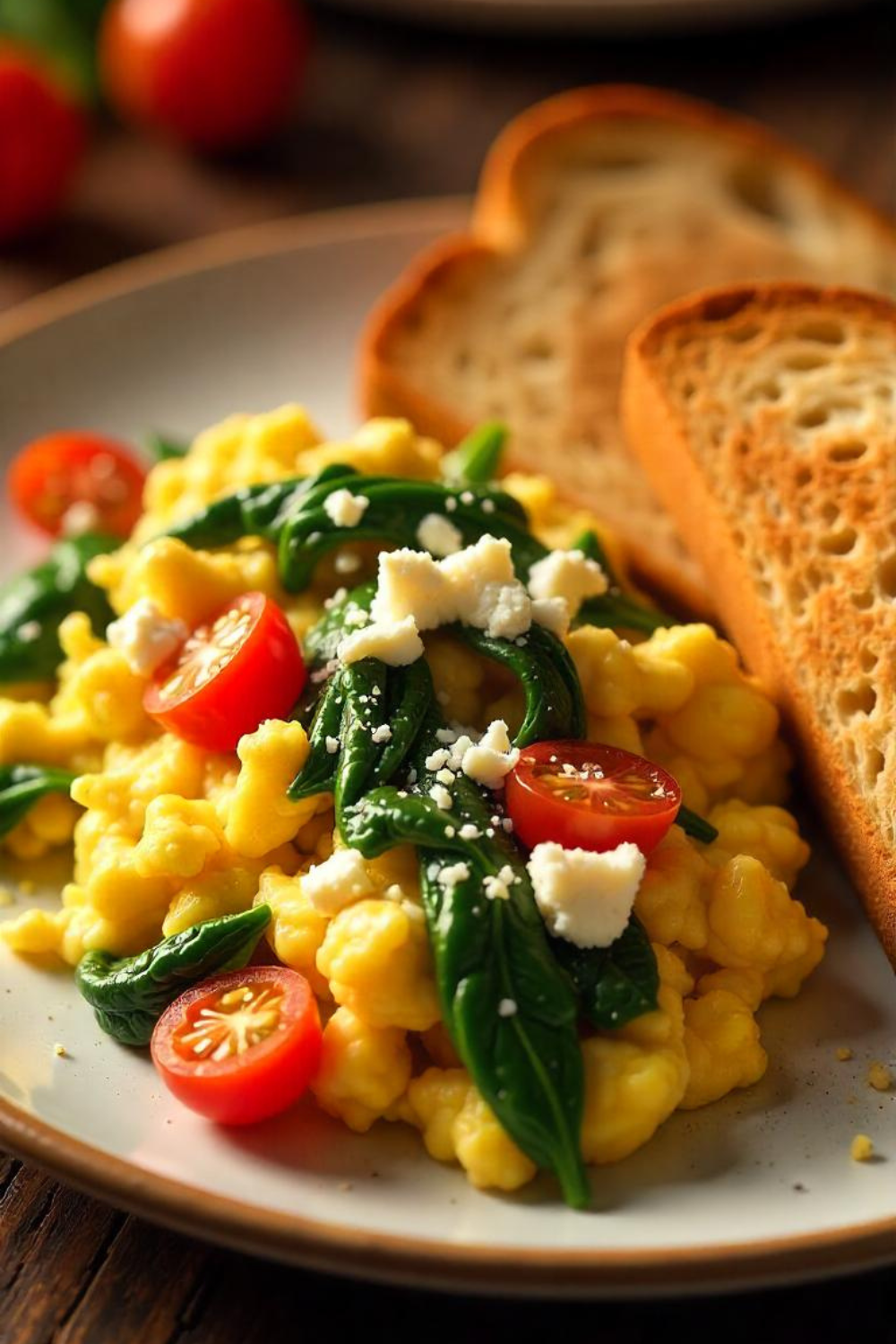 Fluffy scrambled eggs with vibrant spinach and cherry tomatoes, served alongside warm whole-grain toast and a sprinkle of feta cheese.