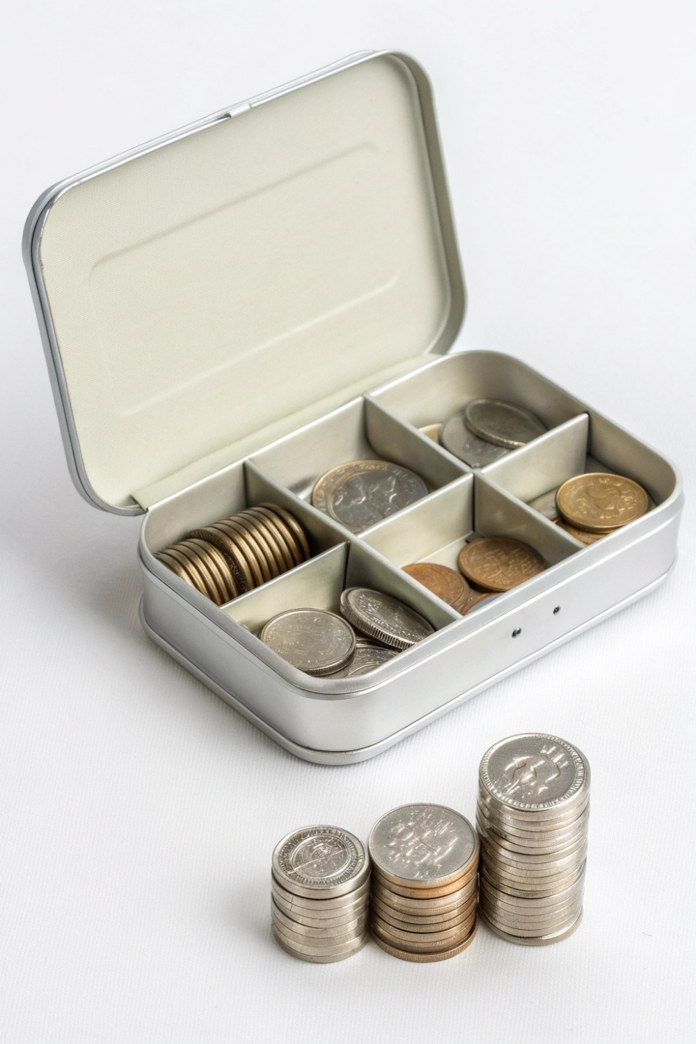 A compact tin with labeled compartments inside, jingling slightly with neatly sorted coins.