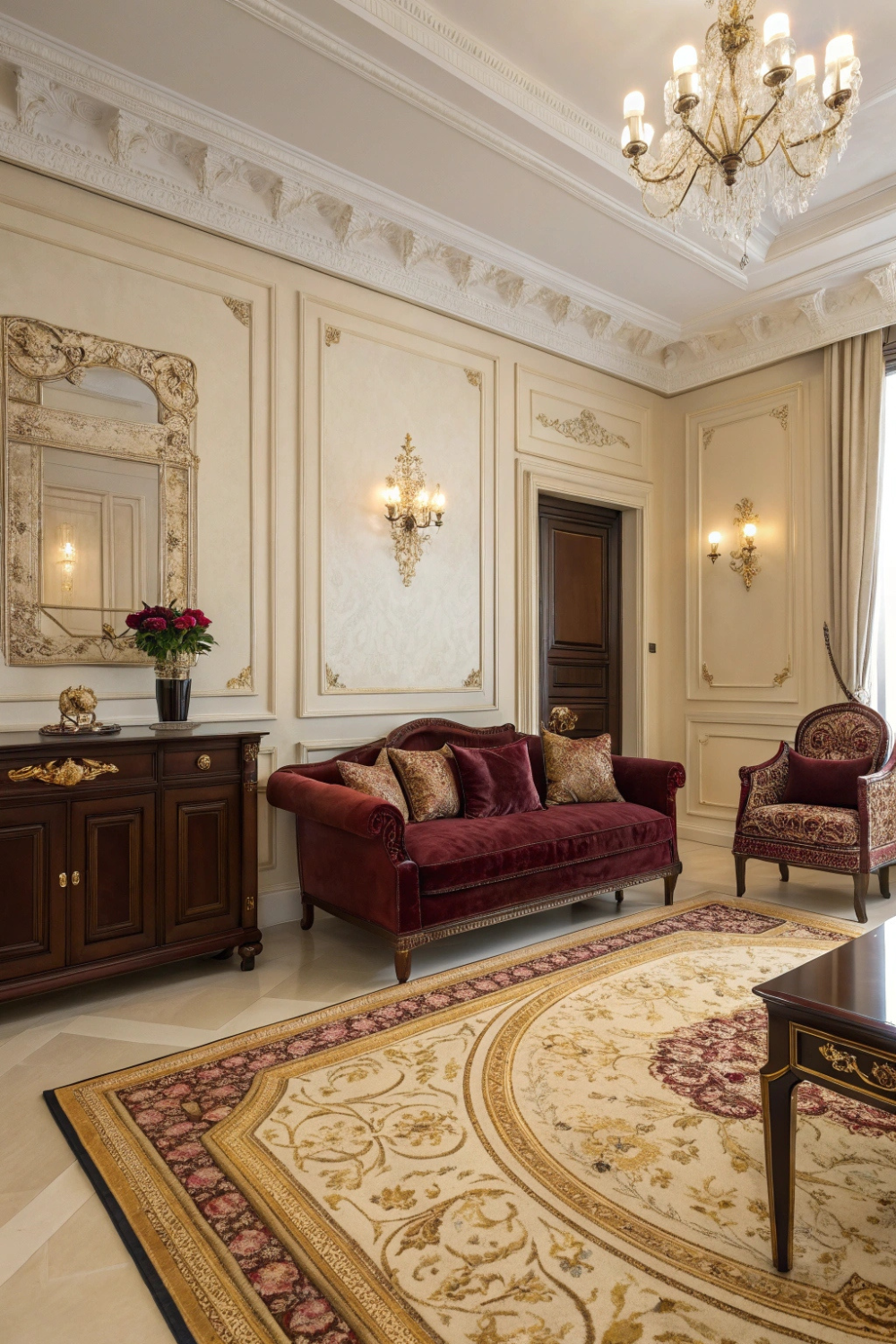 Cream walls with burgundy velvet cushions, an ornate rug with hints of gold, and dark mahogany furniture for that rich, colonial vibe.