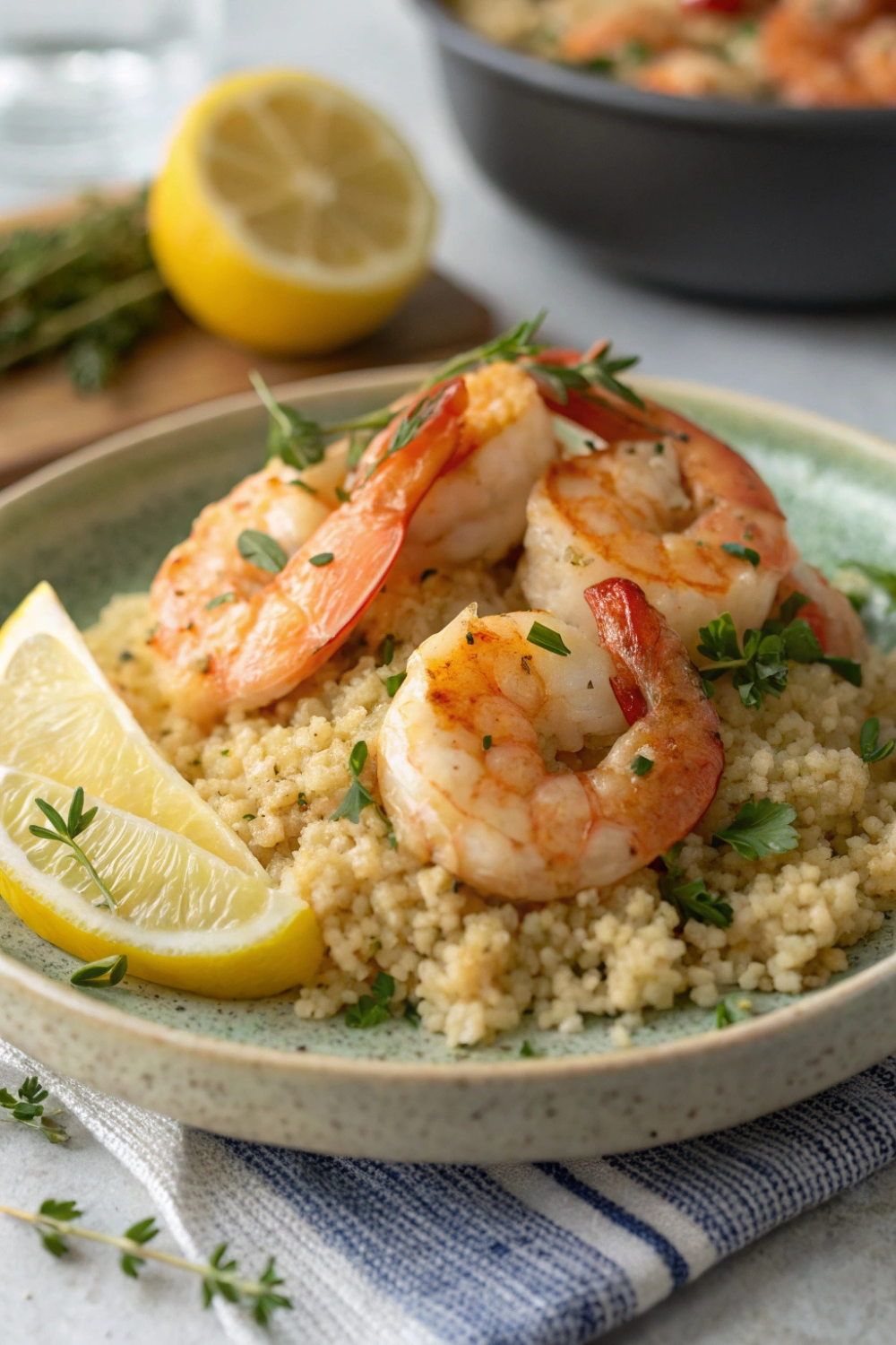 Juicy, garlicky shrimp served over fluffy quinoa, topped with a squeeze of lemon and fresh herbs.