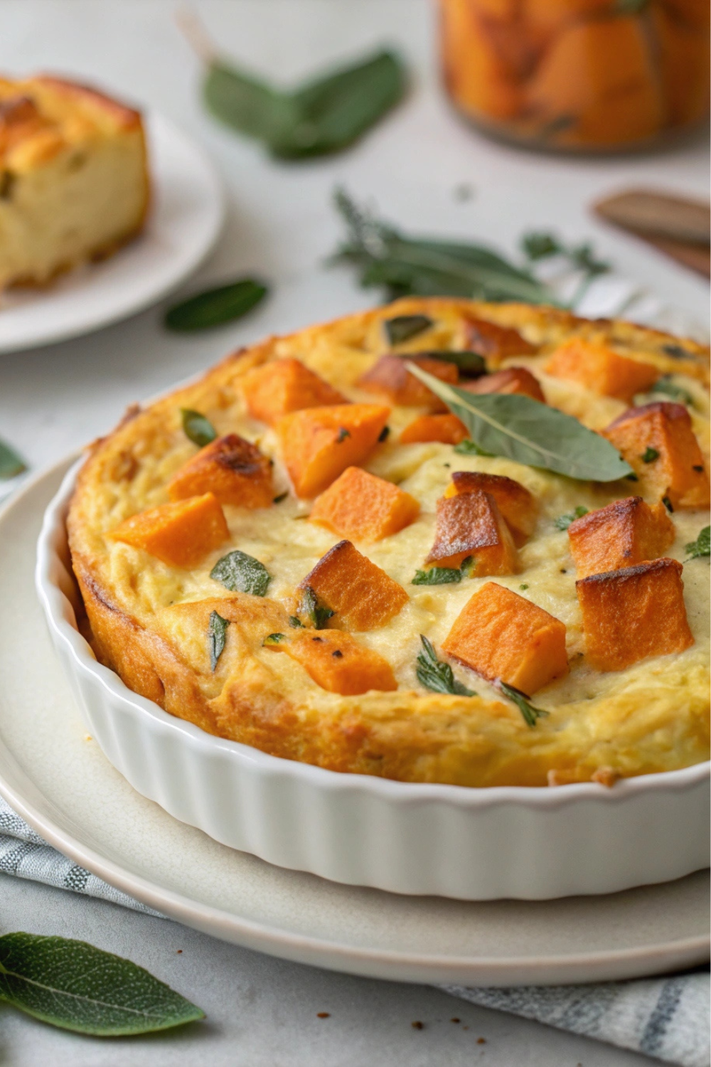 A golden, fluffy egg bake with tender chunks of sweet potato, flecks of fresh sage, and a light, crispy top.