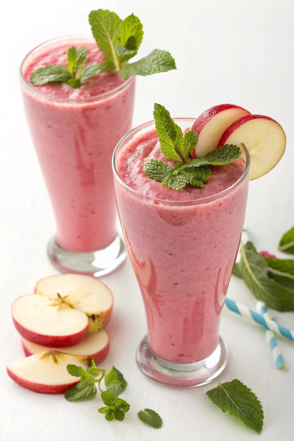 A vibrant pink smoothie with a creamy texture, served in a tall glass, garnished with thin apple slices and fresh mint leaves.