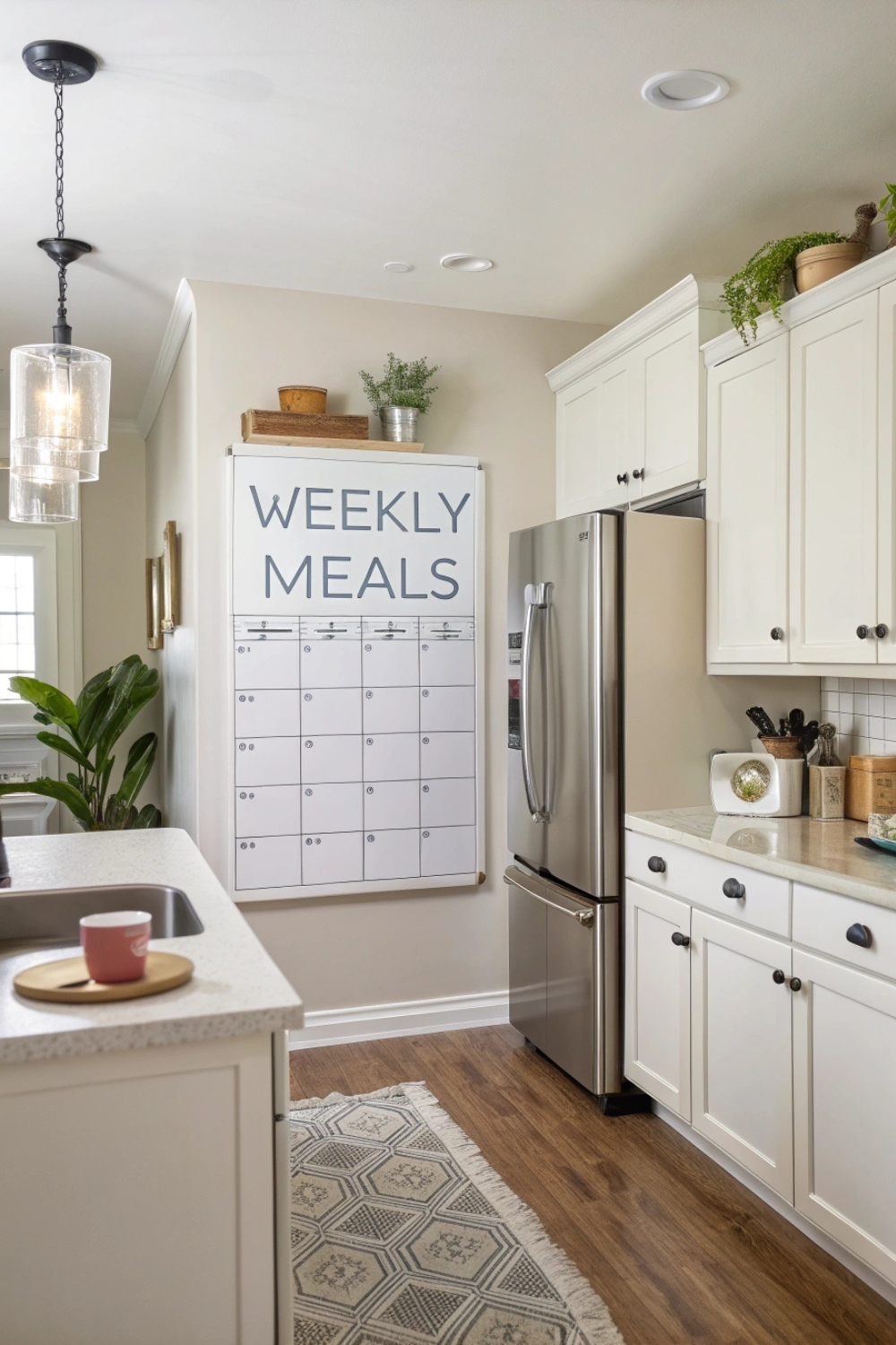 A calm, organized kitchen with a meal plan stuck to the fridge. You know exactly what’s for Suhoor and Iftar each day