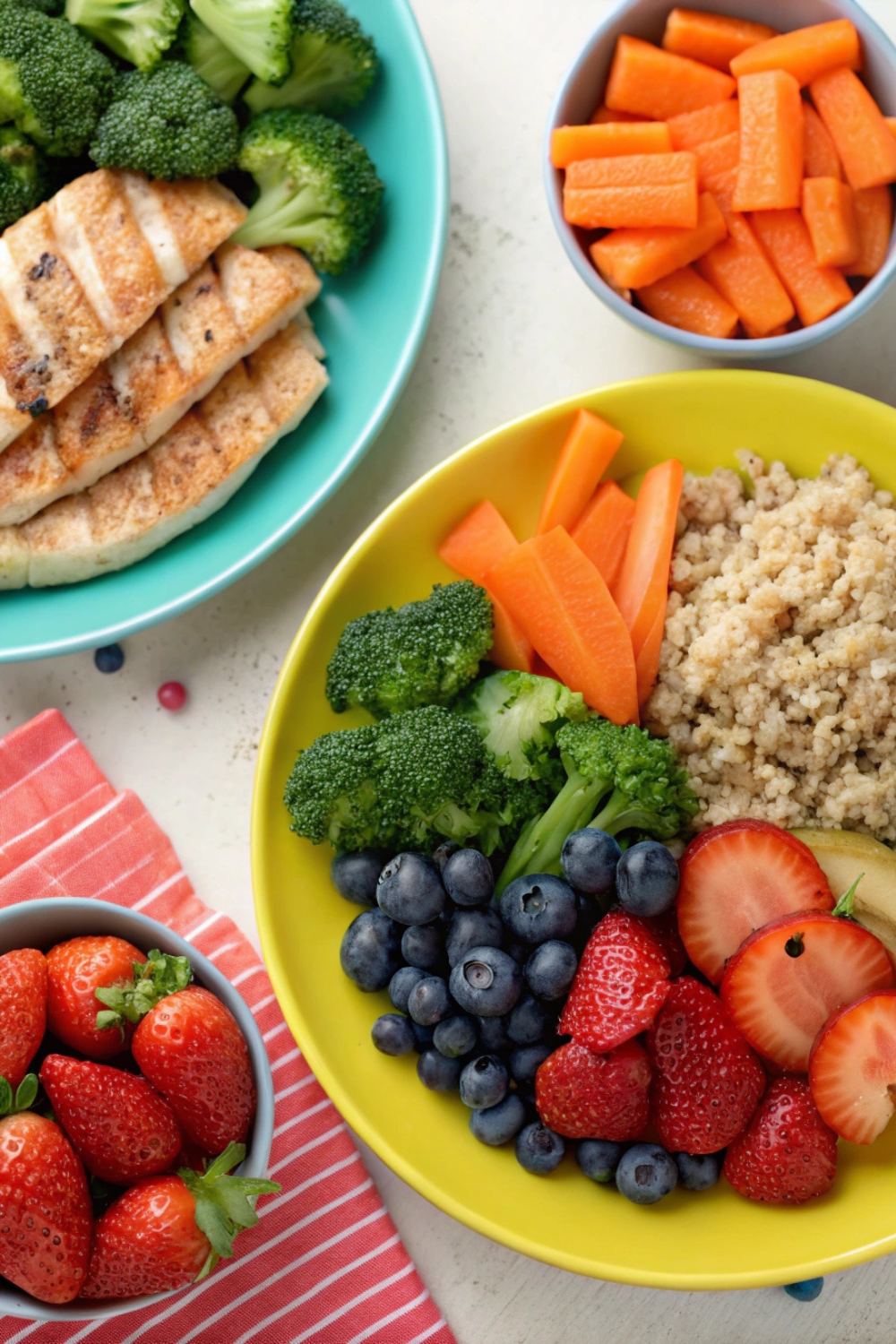 Colorful plates filled with proteins, healthy carbs, fresh veggies, and hydrating fruits—perfectly balanced and nourishing.