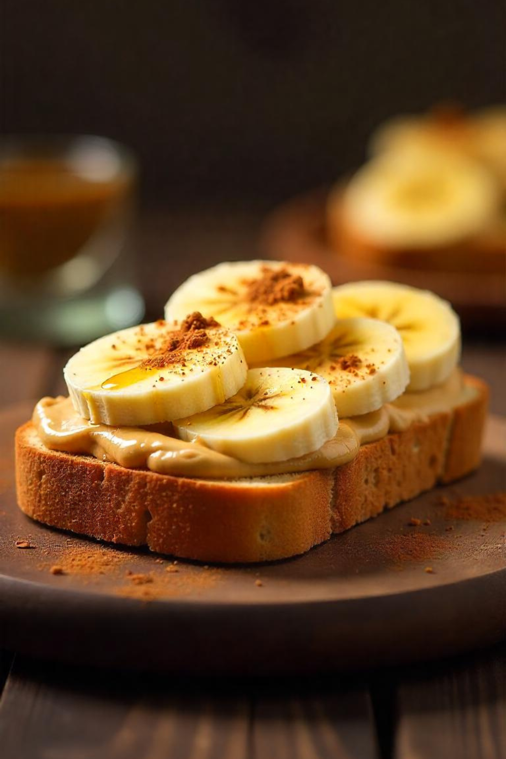 A slice of rustic bread topped with creamy peanut butter, sliced bananas, and a drizzle of honey—finished with a sprinkle of cinnamon for that cozy touch.
