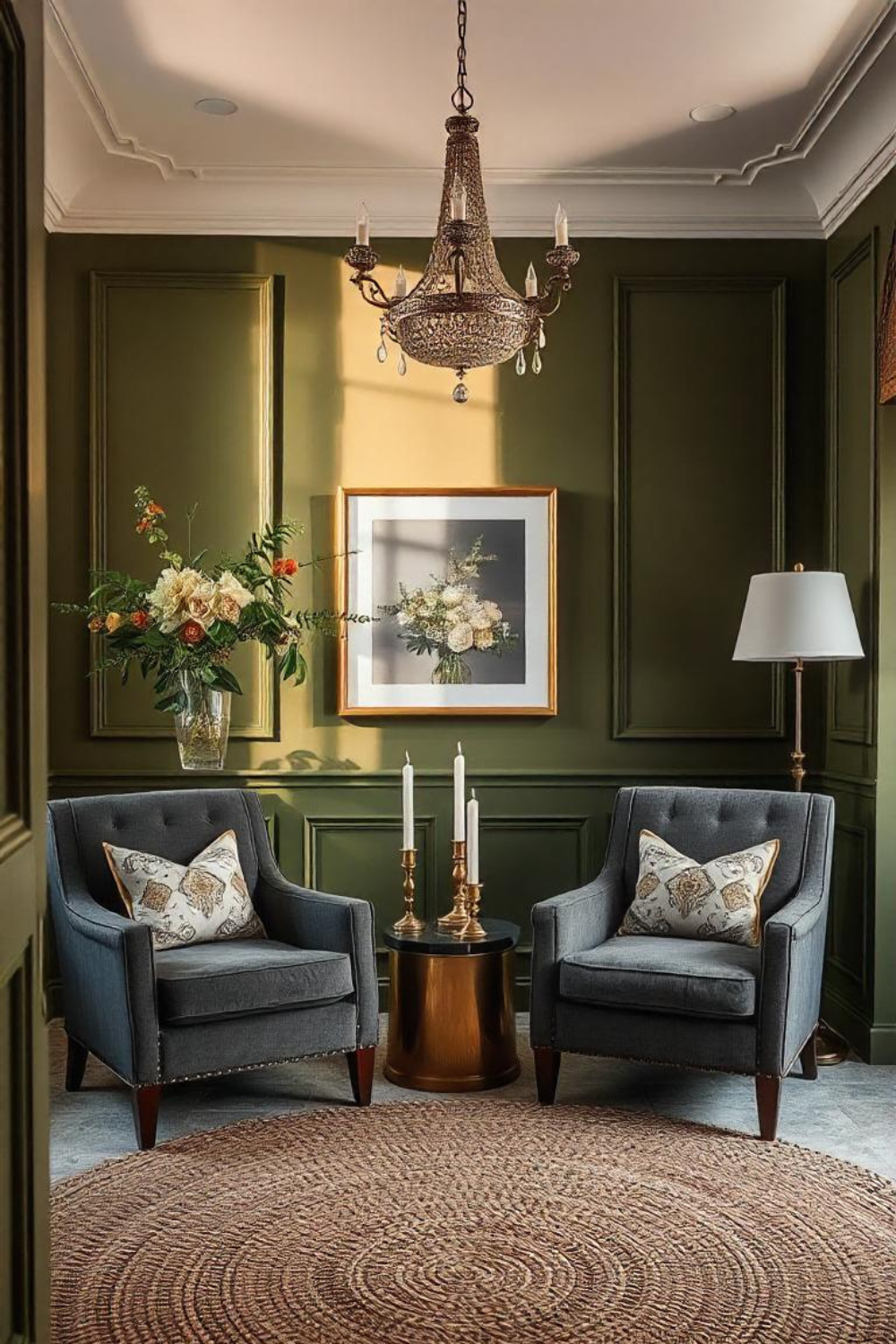 Olive green accent walls with charcoal gray sofas, brass candlesticks, and woven jute rugs for added texture.