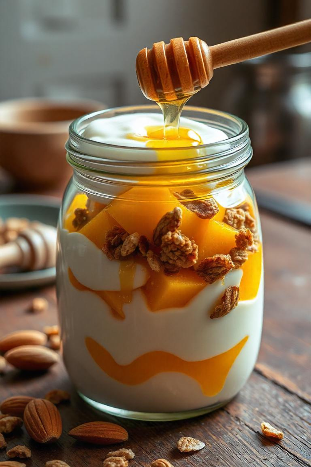 A glass jar layered with creamy Greek yogurt, juicy mango chunks, crunchy granola, and a handful of almonds, all tied together with a drizzle of golden honey.
