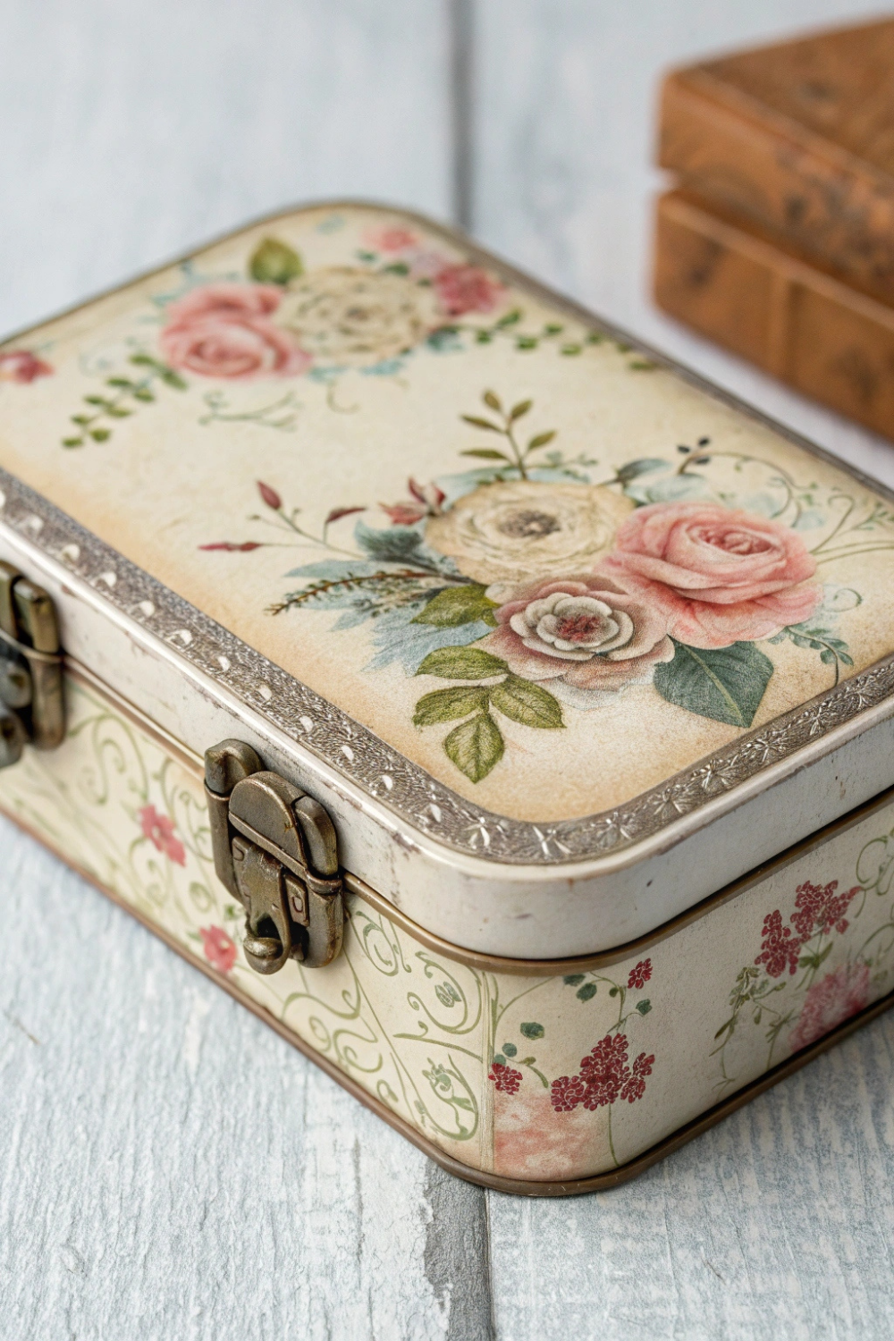 An Altoid tin with a distressed, vintage look, adorned with floral decoupage and antique-style clasps.