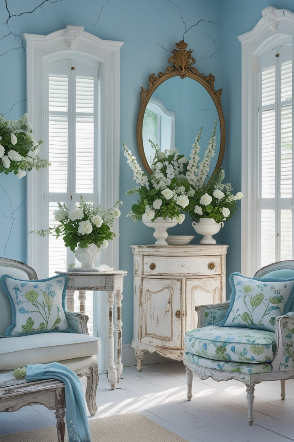 Pale blue walls with soft white trims, antique whitewashed furniture, and floral-patterned cushions that evoke a fresh, coastal colonial feel.