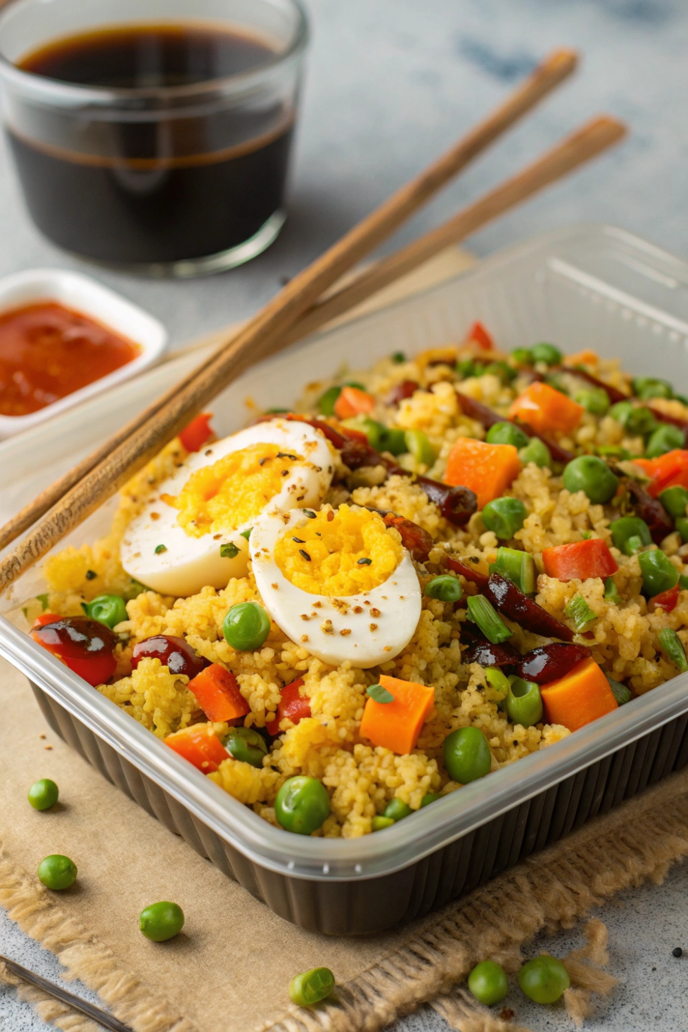 Colorful cauliflower rice stir-fried with eggs, peas, carrots, and a splash of soy sauce for that takeout vibe without the guilt.