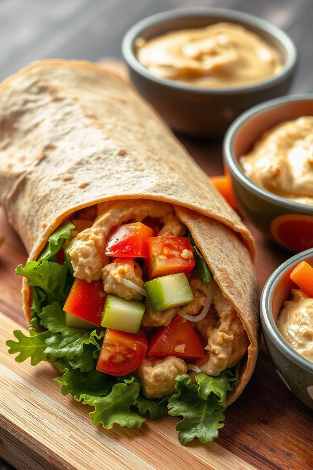 A soft whole wheat wrap filled with creamy hummus, crunchy cucumbers, juicy tomatoes, and crisp lettuce, rolled to perfection for an easy grab-and-go meal.
