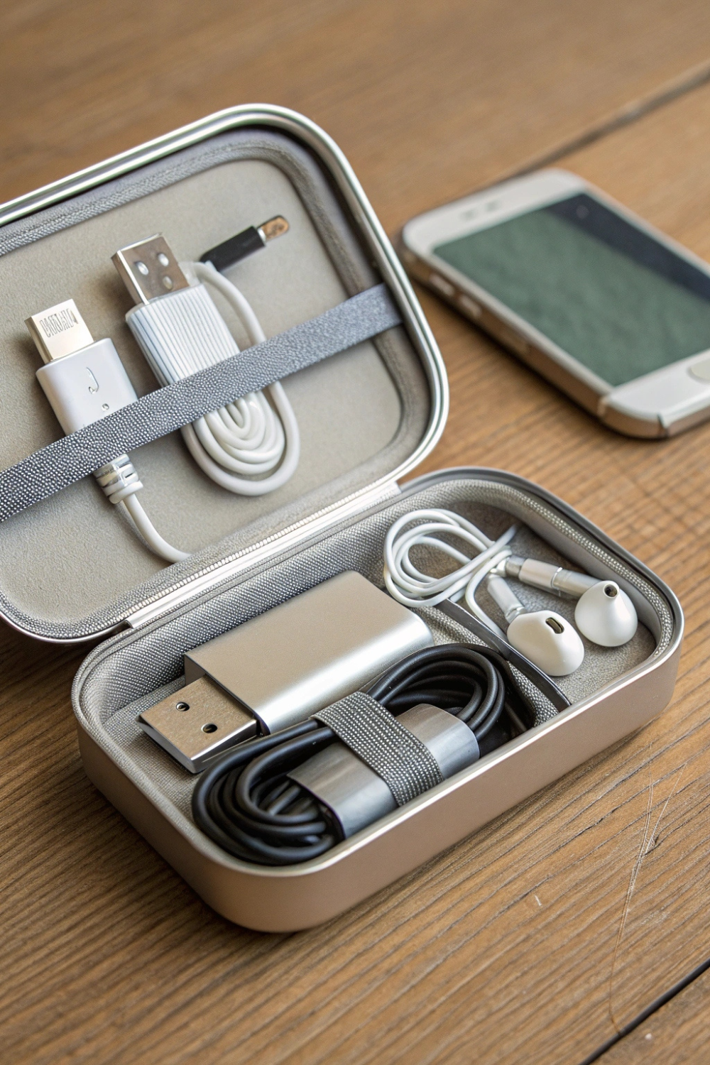A compact case neatly holding earbuds, a charging cable, and a USB drive, all tucked into elastic loops.