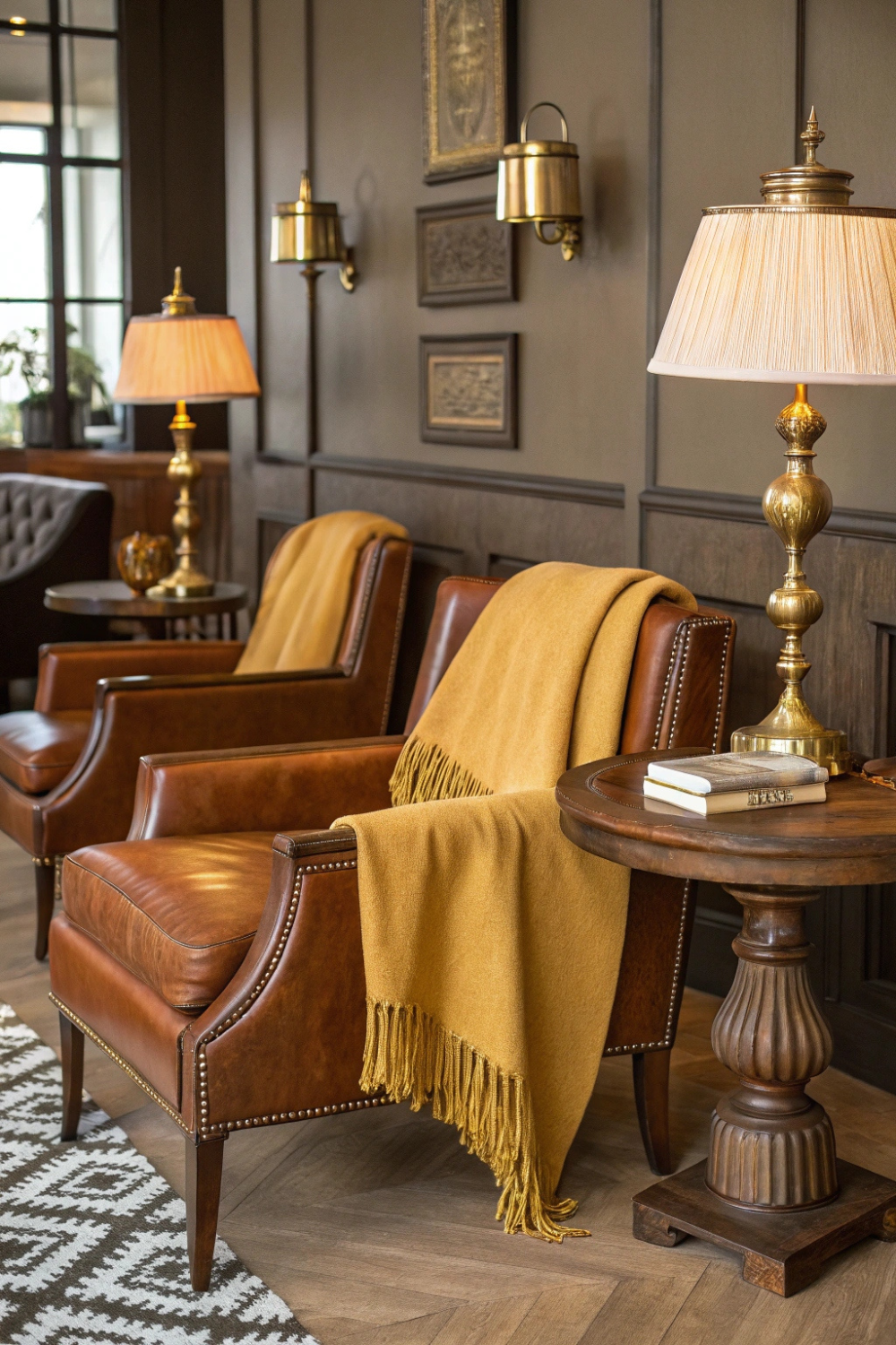 Mustard yellow throw blankets over warm brown leather chairs, paired with vintage brass lamps and rich wooden side tables.