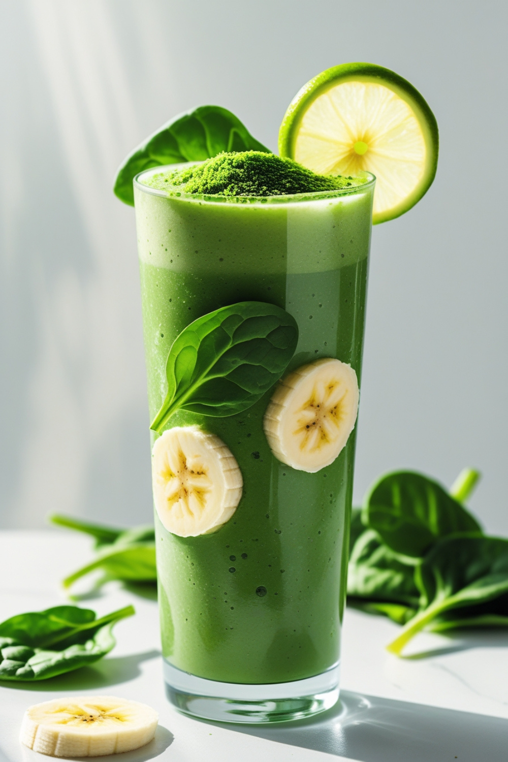 A tall, chilled glass of vibrant green smoothie, bursting with spinach, banana, almond milk, and a scoop of protein powder, garnished with a slice of lime on the rim.