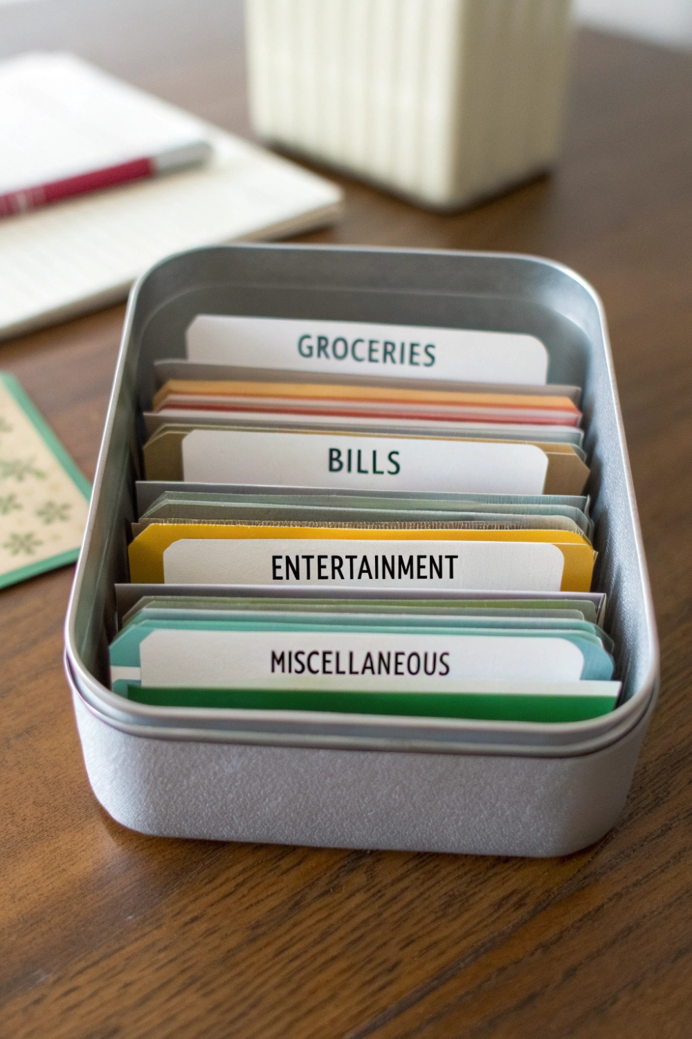 A tin with labeled dividers for different budgeting categories, perfect for cash envelopes in miniature form.