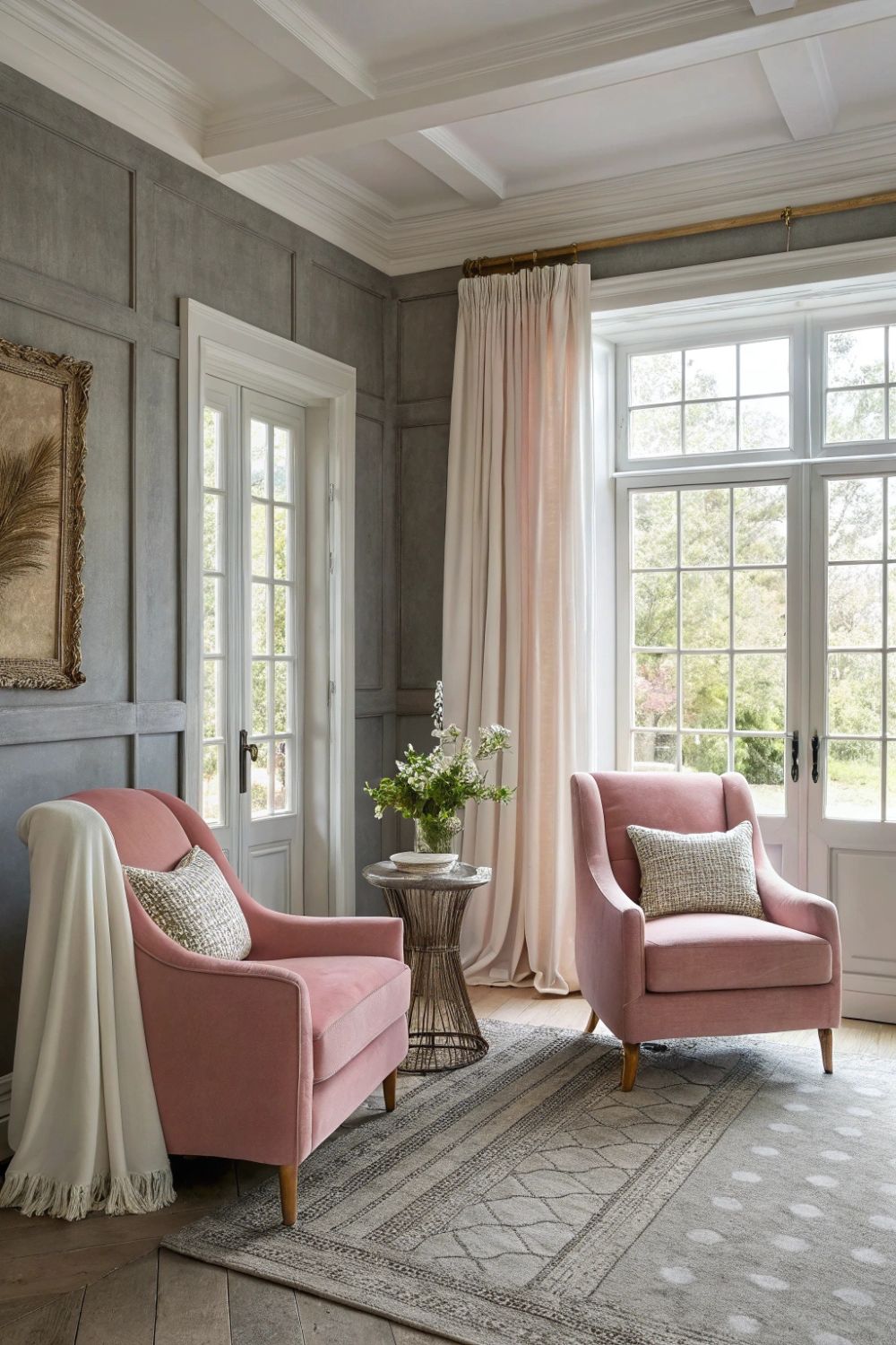 Stone gray walls with dusty rose armchairs, complemented by white trim, linen curtains, and soft wool throws for cozy elegance.