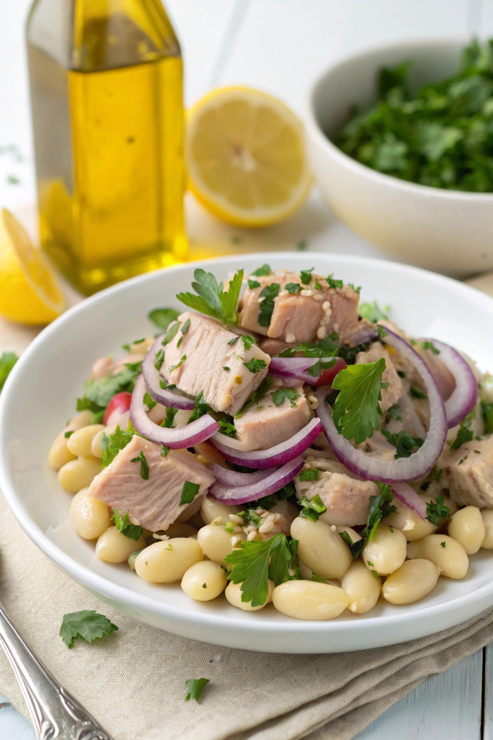 A refreshing mix of tuna, creamy white beans, red onions, and fresh parsley, dressed with olive oil and lemon.