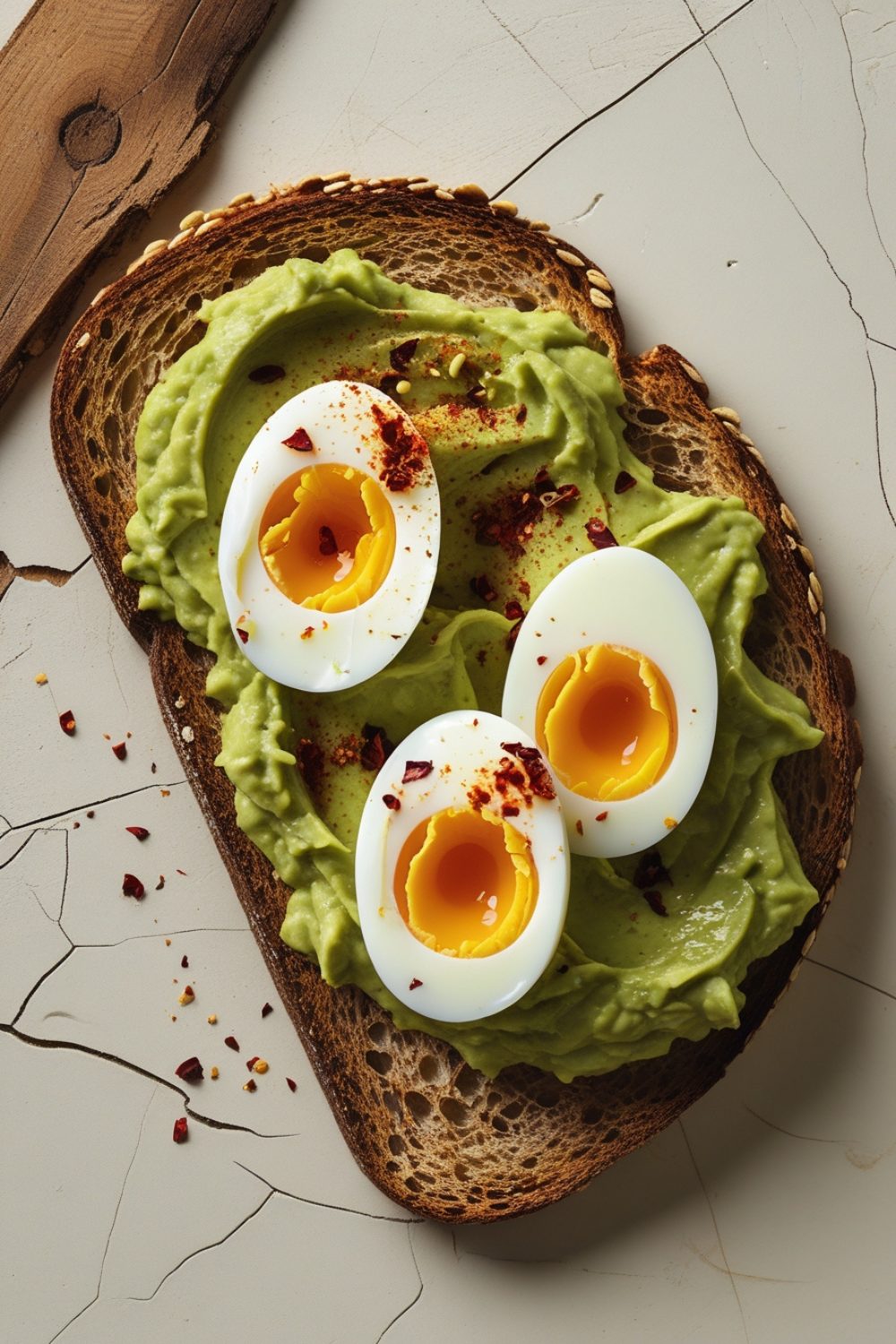 Rustic whole-grain toast spread with vibrant green mashed avocado, topped with perfectly sliced boiled eggs, and a sprinkle of red chili flakes.