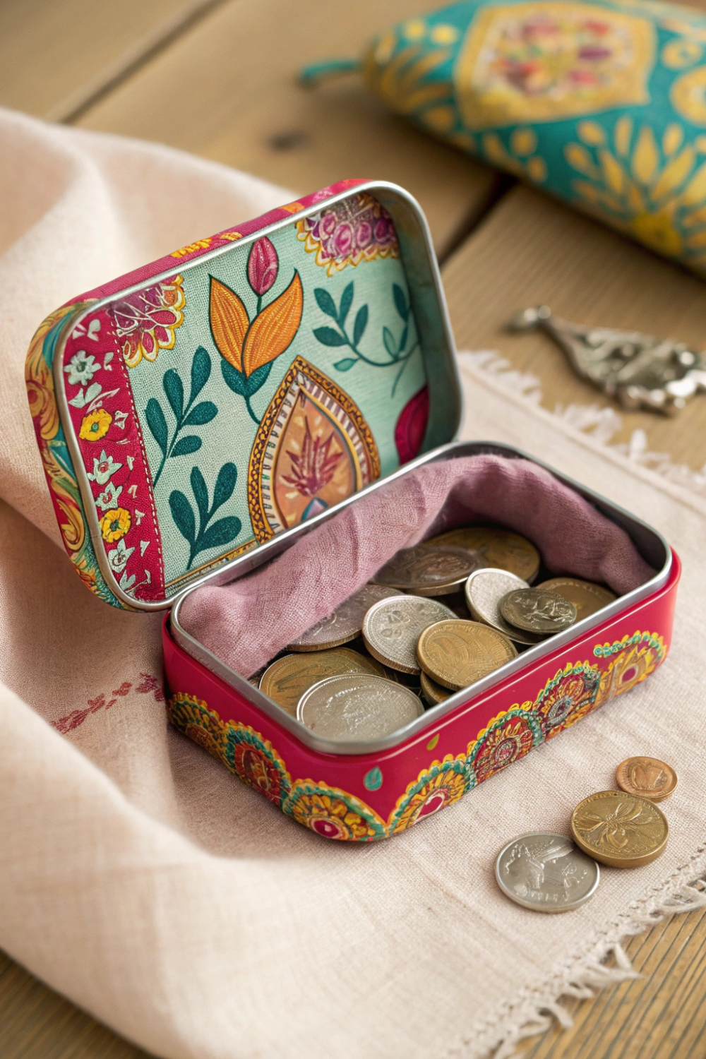 A brightly colored tin with bohemian patterns, lined with soft fabric, and filled with loose change.