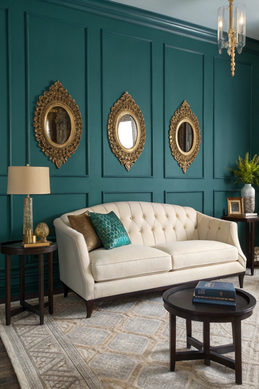 An ivory couch against rich teal walls, accented with gold-framed mirrors and dark-stained coffee tables for a dramatic, colonial flair.