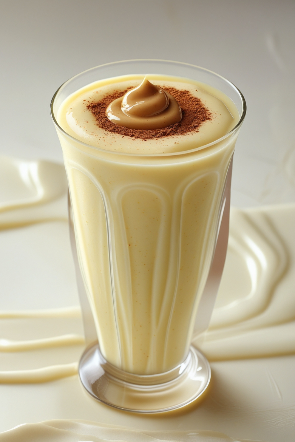 A creamy, frothy smoothie in a tall glass with hints of banana and peanut butter aroma, topped with a sprinkle of cinnamon.