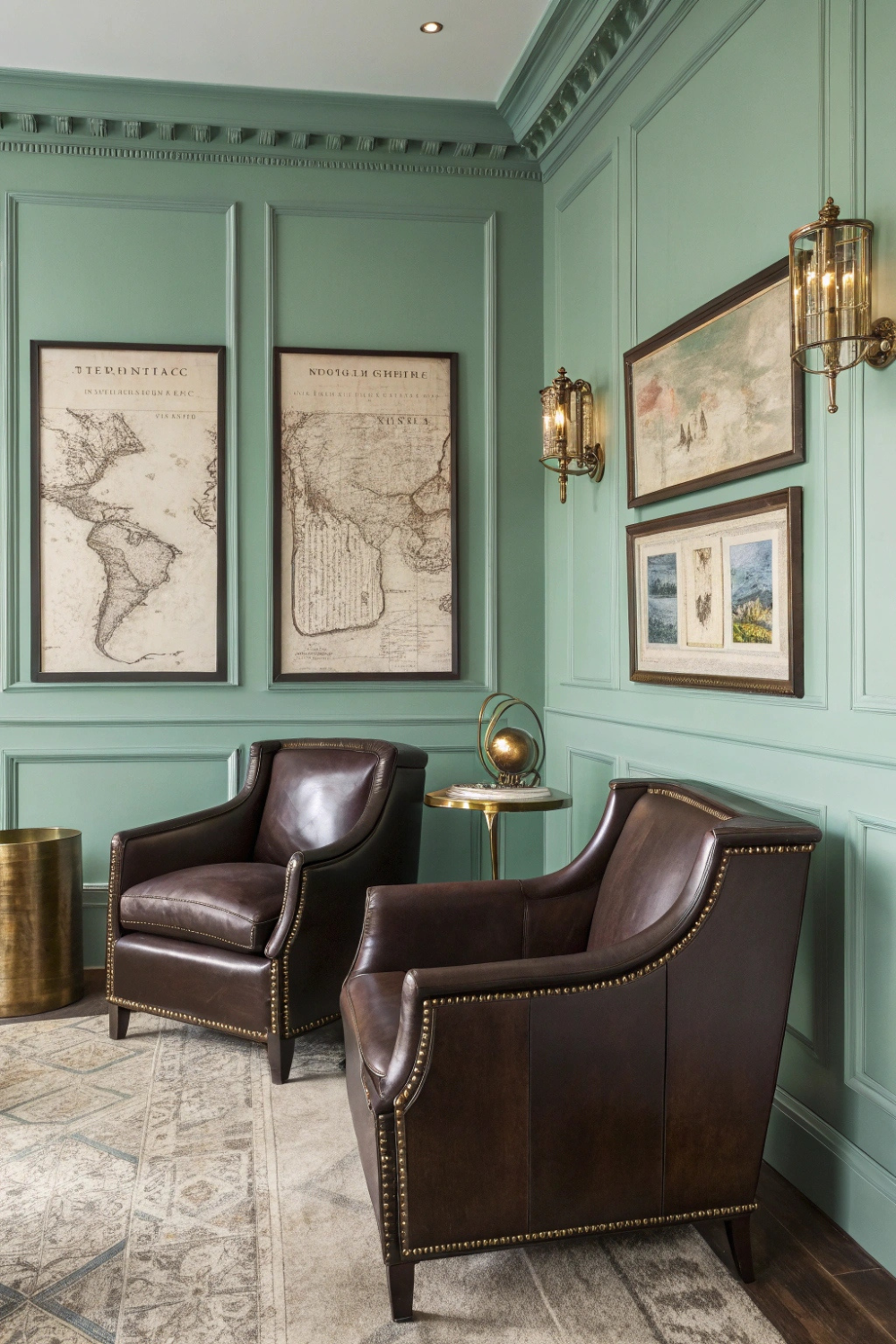 Dark chocolate leather armchairs paired with soft mint walls, vintage maps framed in dark wood, and brass sconces for a refined colonial look.