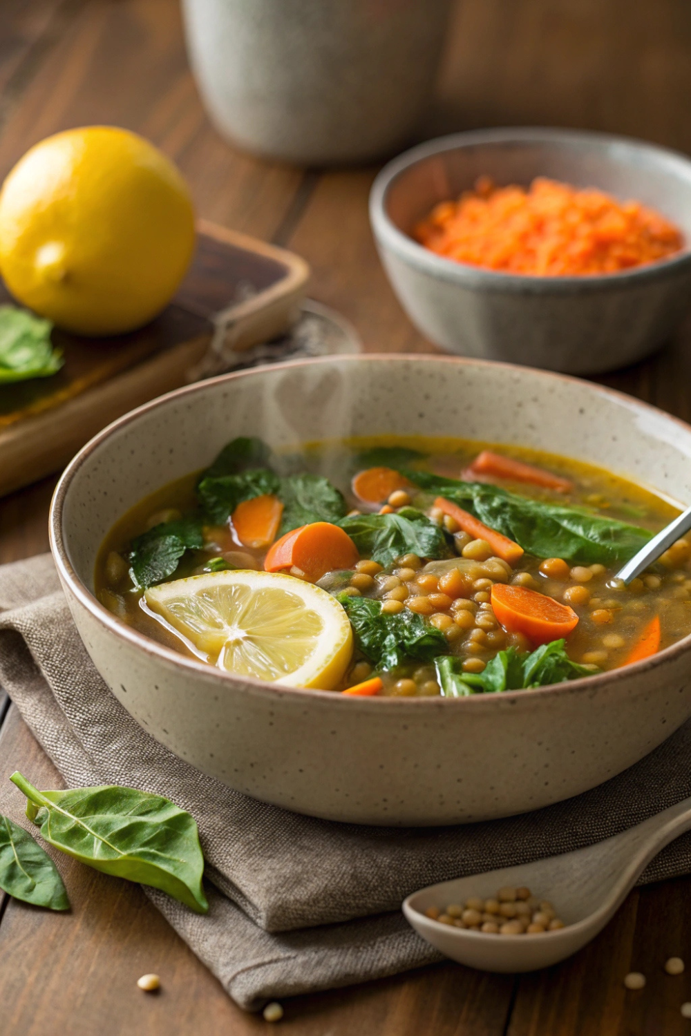 A hearty, comforting bowl of lentil soup with fresh spinach, carrots, and a squeeze of lemon for brightness.