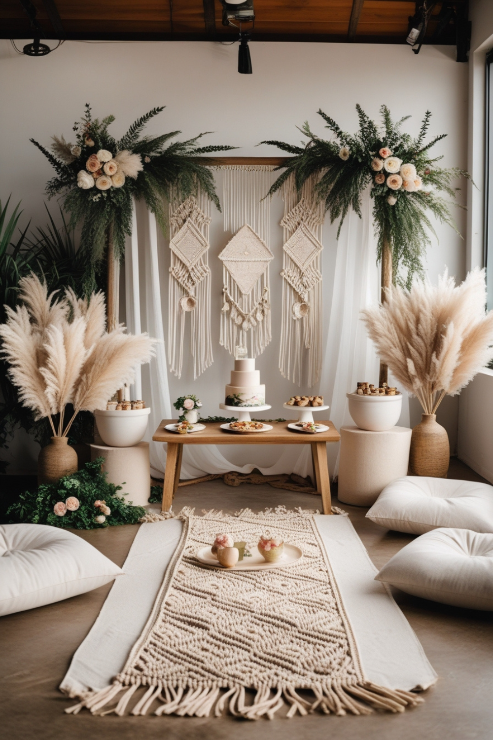 Simply add a soft, romantic setting with earthy tones, pampas grass, macramé details, and cozy floor seating with pillows.