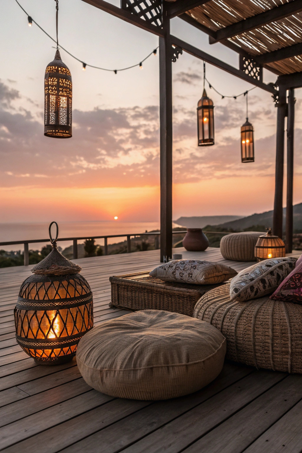 A low wooden deck, oversized floor cushions, rattan furniture, and Moroccan-style lanterns that glow as the sun sets