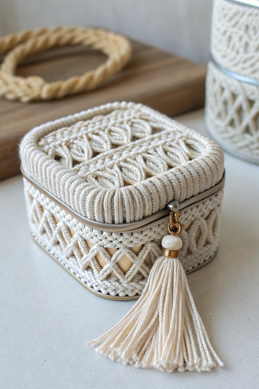 A free-spirited boho-style ring box wrapped in woven macramé, with a tiny handmade tassel as a cute accent.