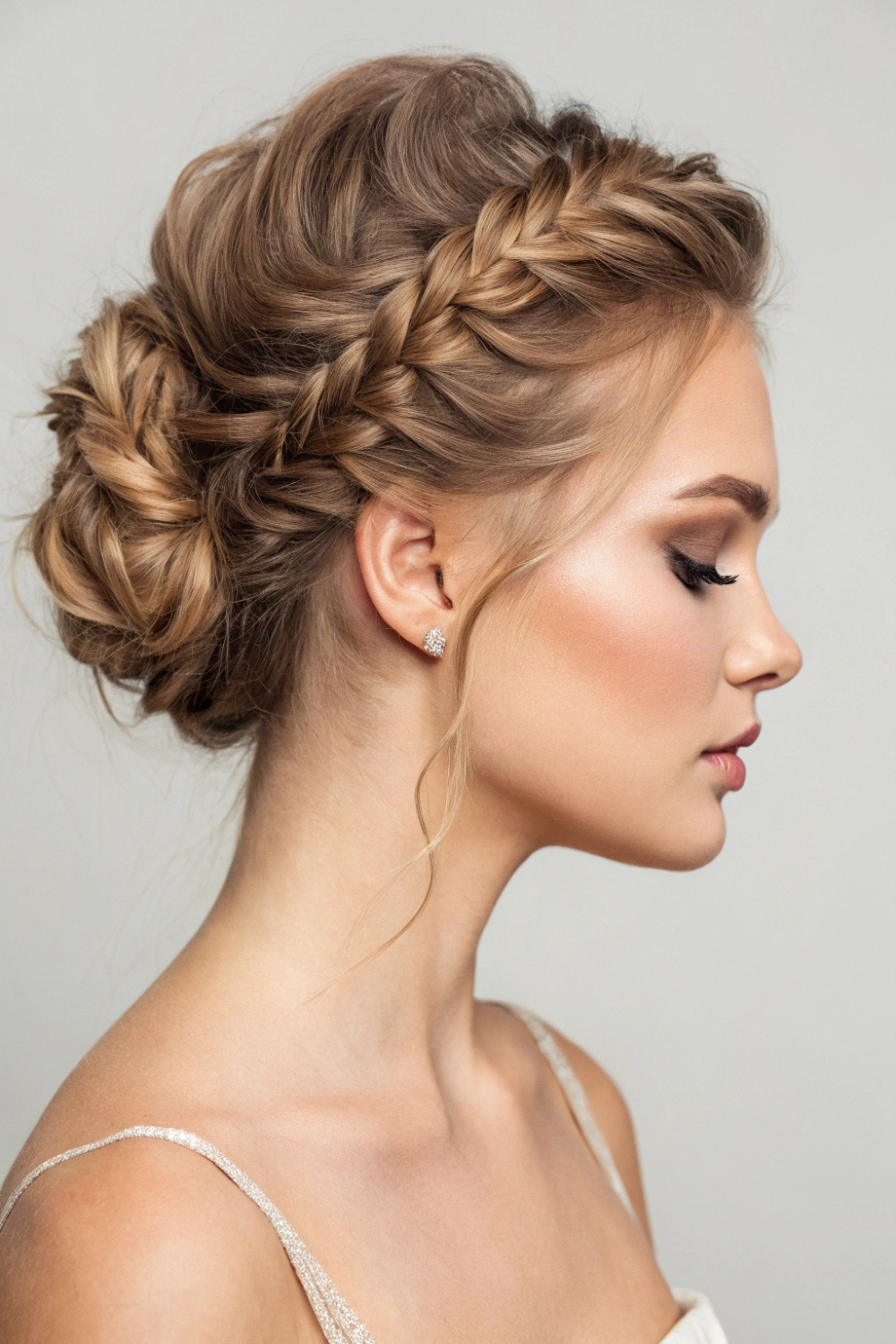 A detailed, elegant updo with soft, woven braids.