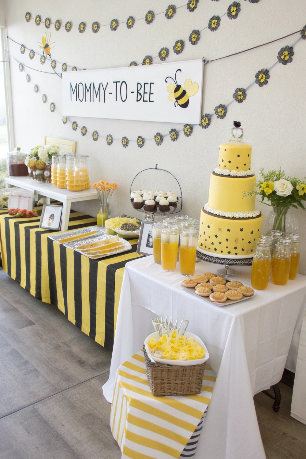 A bright and cheerful celebration with black, yellow, and white decor, honey-inspired treats, and cute bee accents.