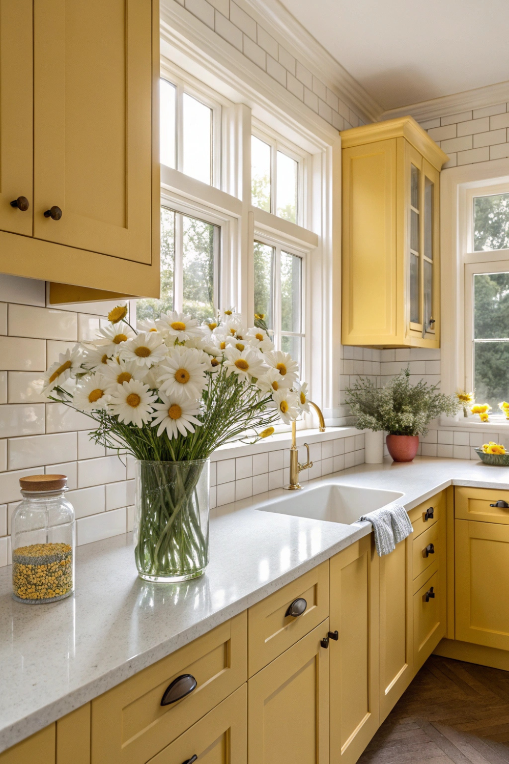 Your kitchen radiates warmth and happiness with buttery yellow cabinets, soft white tiles, and fresh daisies in a glass jar on the counter. The morning light enhances every soft, golden hue, making the whole space glow