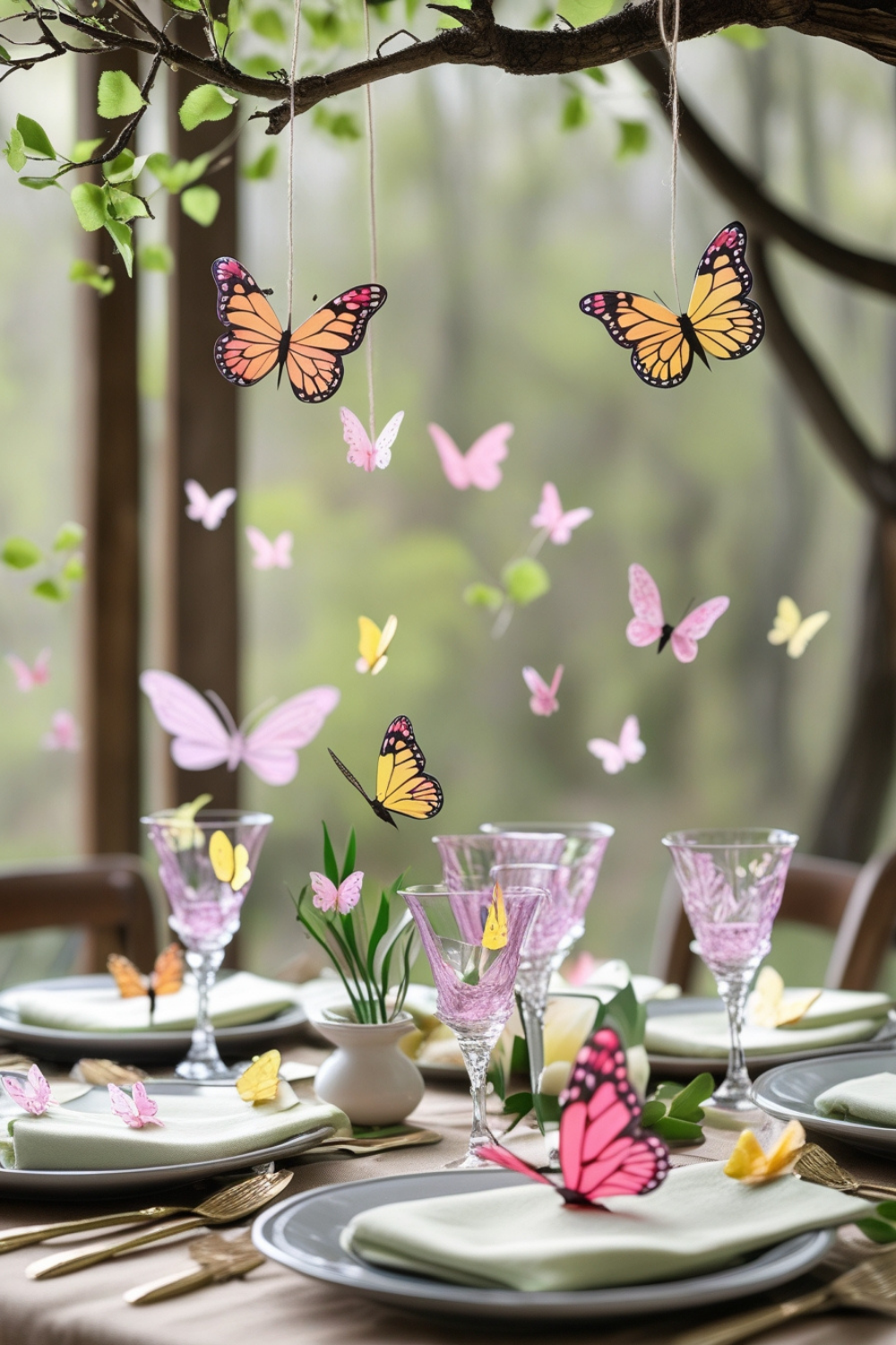 Tiny paper butterflies seem to flutter along the table, perched delicately on napkins and glassware. A few hanging butterfly decorations dangle from overhead branches, creating an almost fairy-tale-like atmosphere.